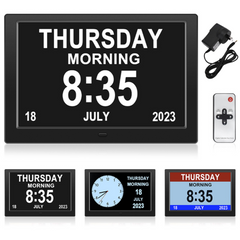 Digital Day Clock Calendar – 7", 8", 10" LED Large Display for Dementia, Date, Week, Month, Year, and Time (Black/White) – Perfect for Home Décor, Dementia