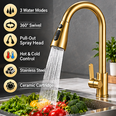 Pull Out Kitchen Mixer Tap 3 Spray Modes 304 Stainless Steel Sink Faucet – Black, Silver, Gold