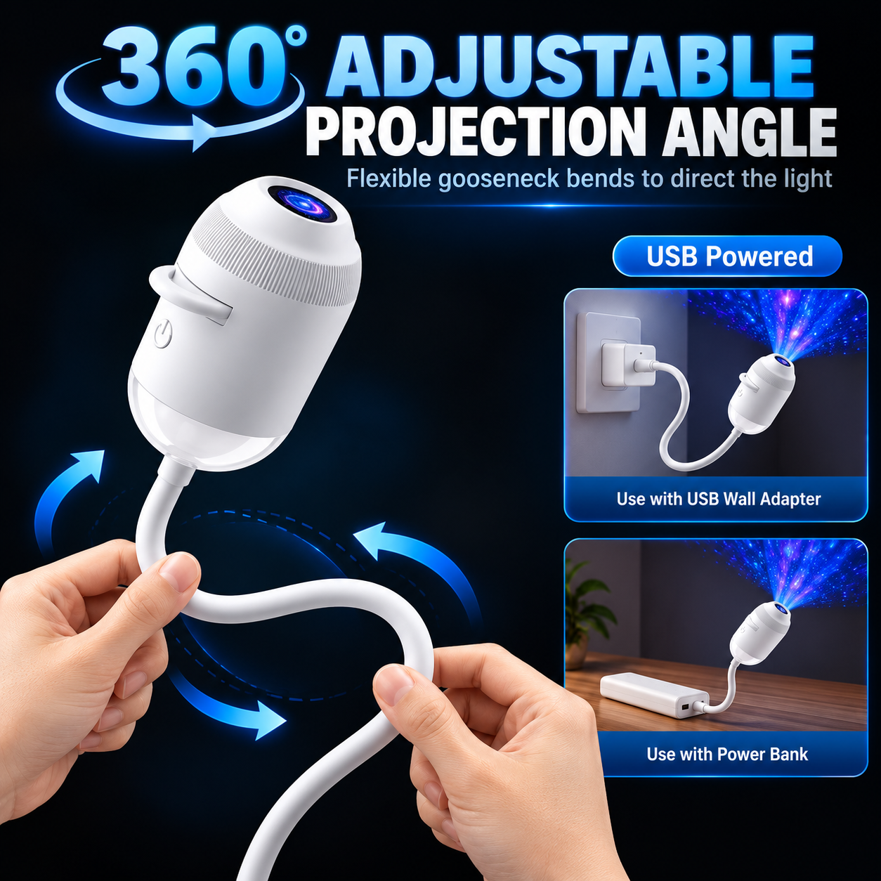 USB Galaxy Projector Night Light with 24 Projection Films, 360° Flexible Neck Starry Sky Ceiling Projector, LED Mood Lamp for Bedroom
