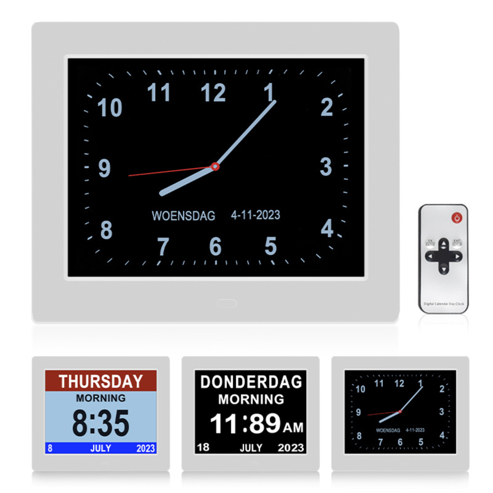 Digital Day Clock Calendar 7"-8''-10" LED Large  Dementia Date Week Month Year Time Black/White