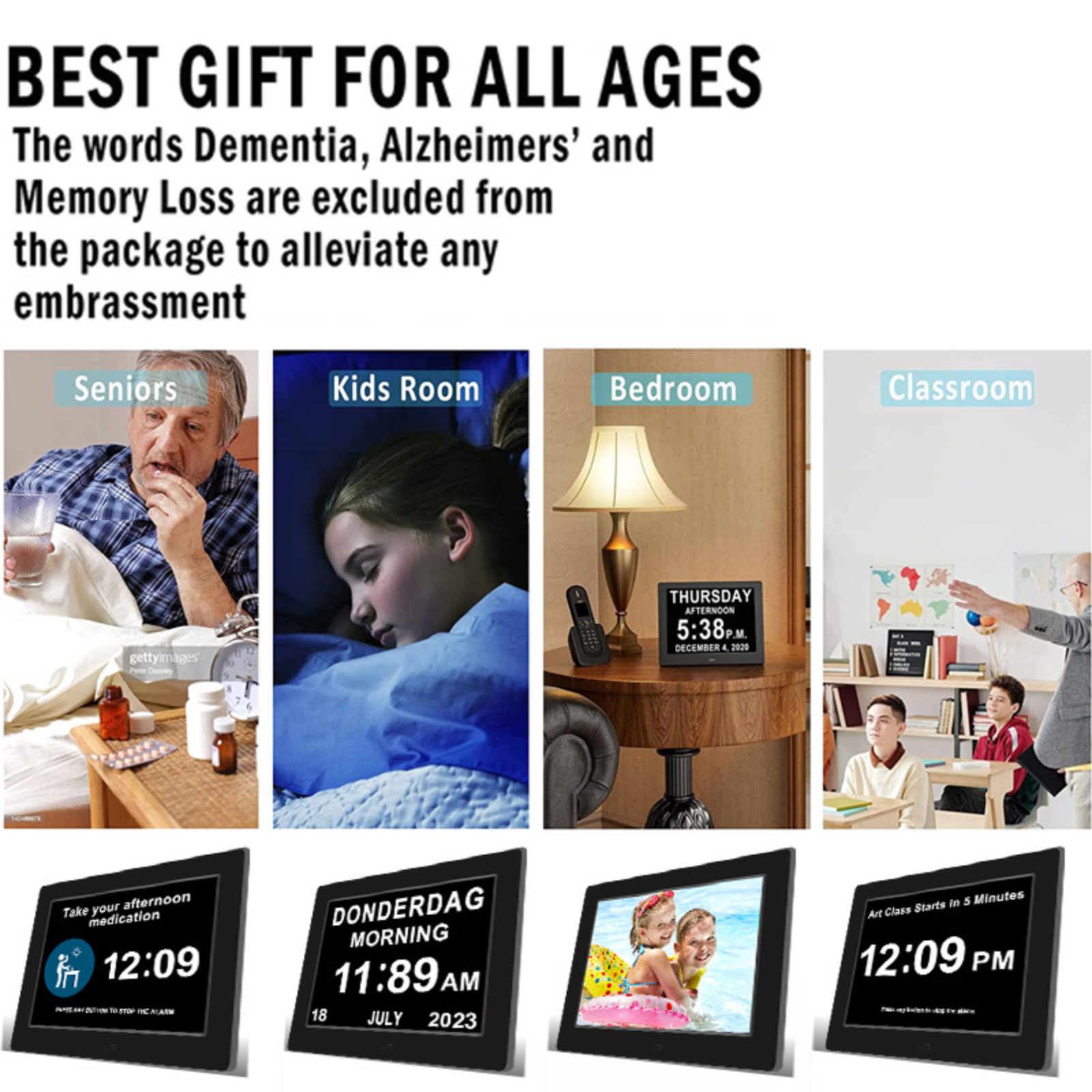 Digital Day Clock Calendar 7"-8''-10" LED Large  Dementia Date Week Month Year Time Black/White