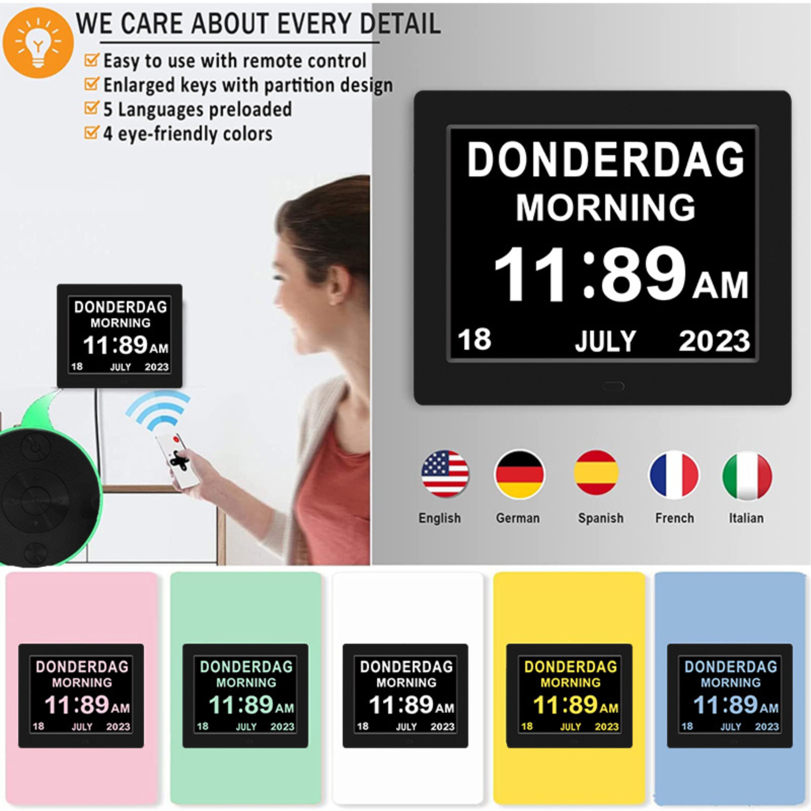 Digital Day Clock Calendar 7"-8''-10" LED Large  Dementia Date Week Month Year Time Black/White