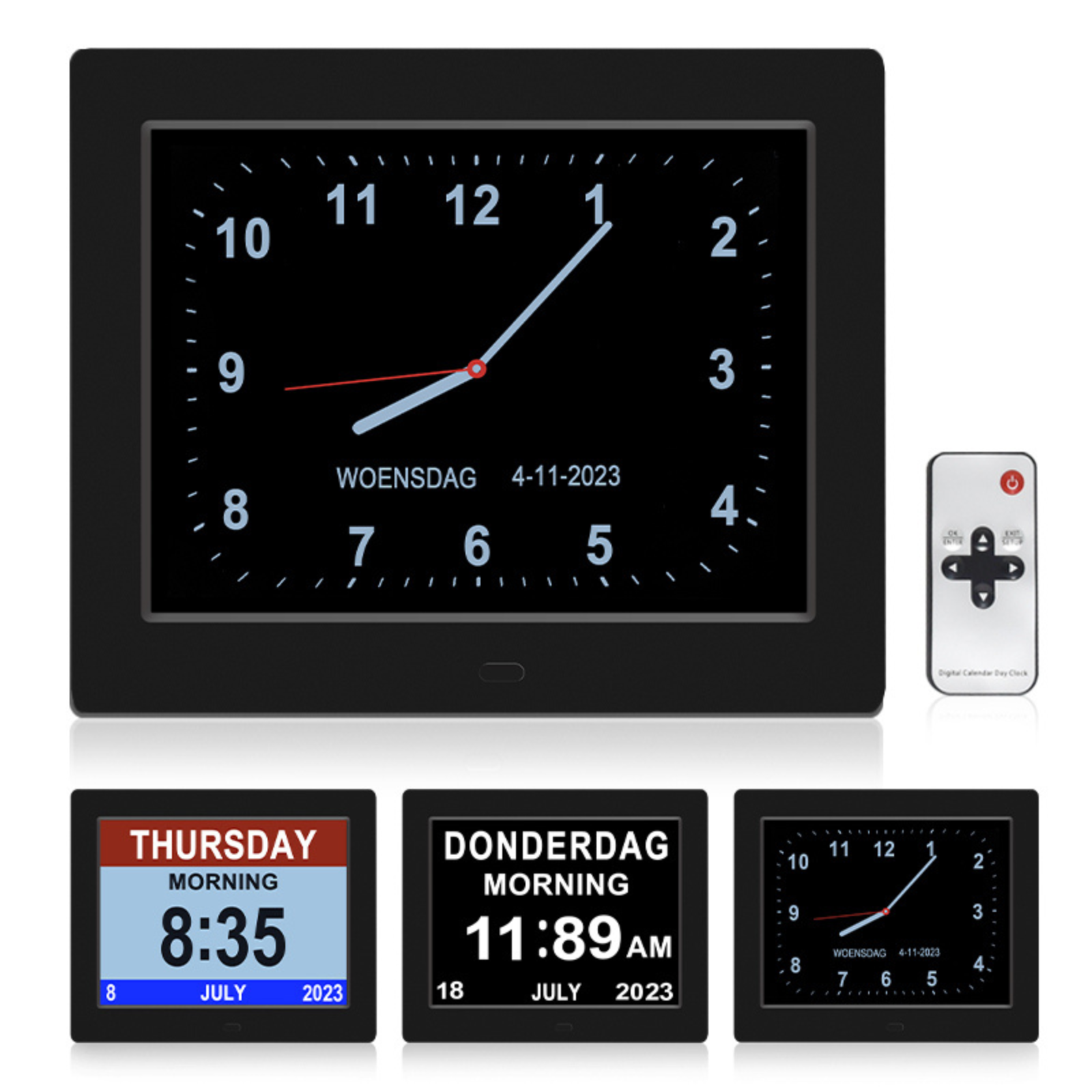 Digital Day Clock Calendar 7"-8''-10" LED Large  Dementia Date Week Month Year Time Black/White