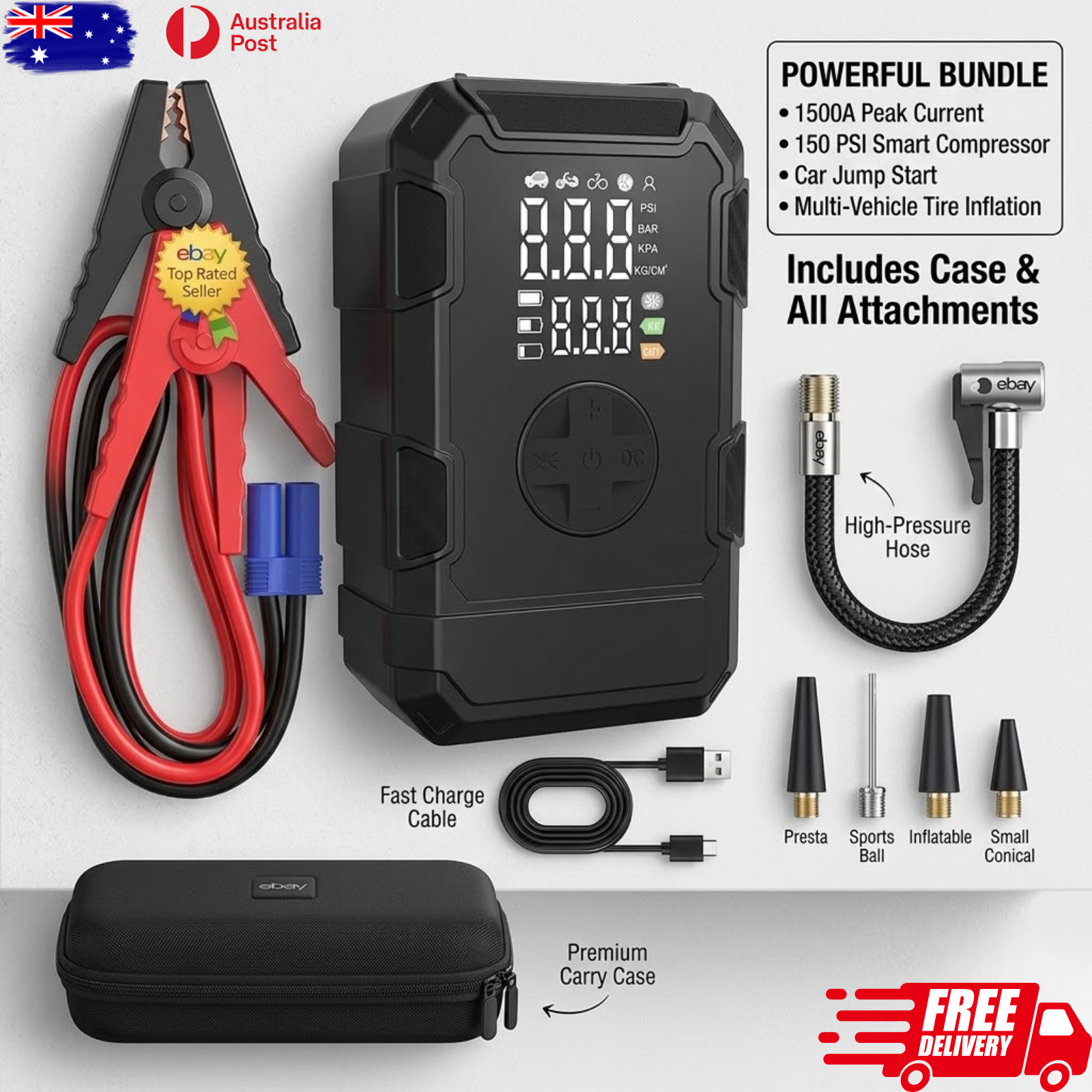 4-in-1 Portable Car Jump Starter Air Compressor 1000A 150PSI Tyre Inflator Power