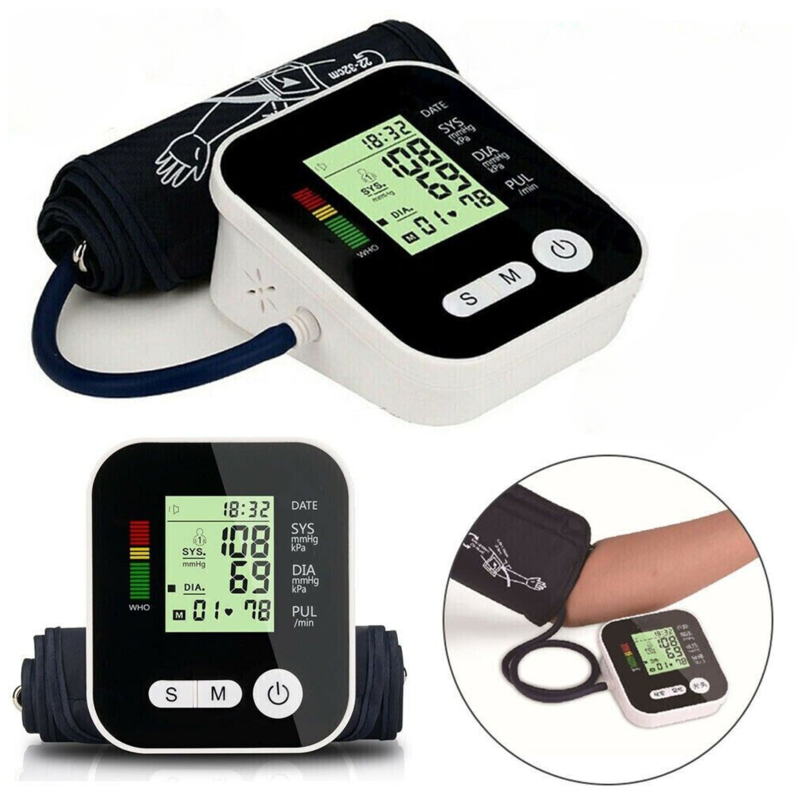 Digital Upper Arm Blood Pressure Meter Automatic Heart Rate BP Monitor Machine With Voice - Black