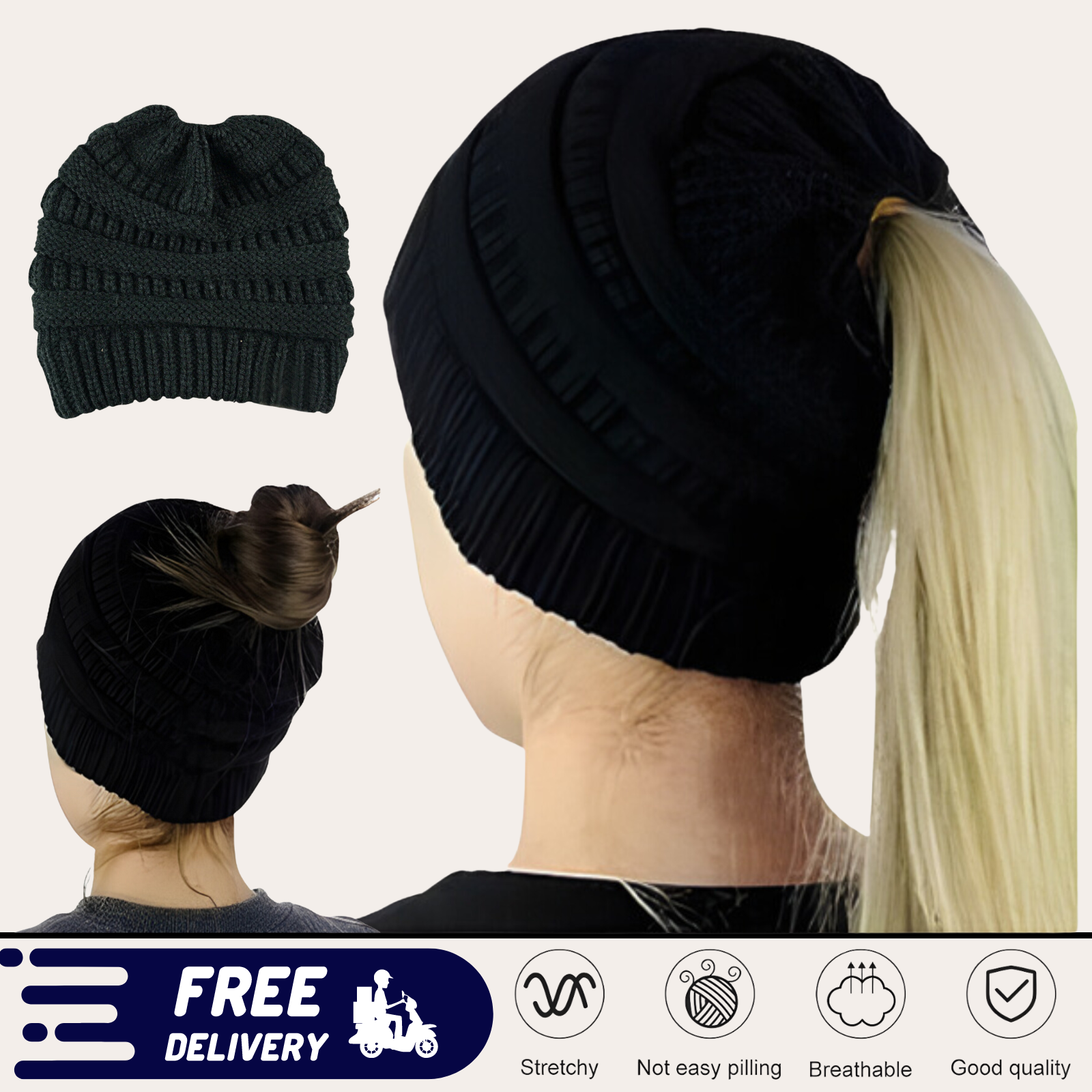 Womens Girls Hats Winter Knitted Pony Tail Beanie Cap Stretch Comfy Hair Ponytail Hat Warm Knit Headwear Headband Caps winter beanie with ponytail hole Knitted Wool