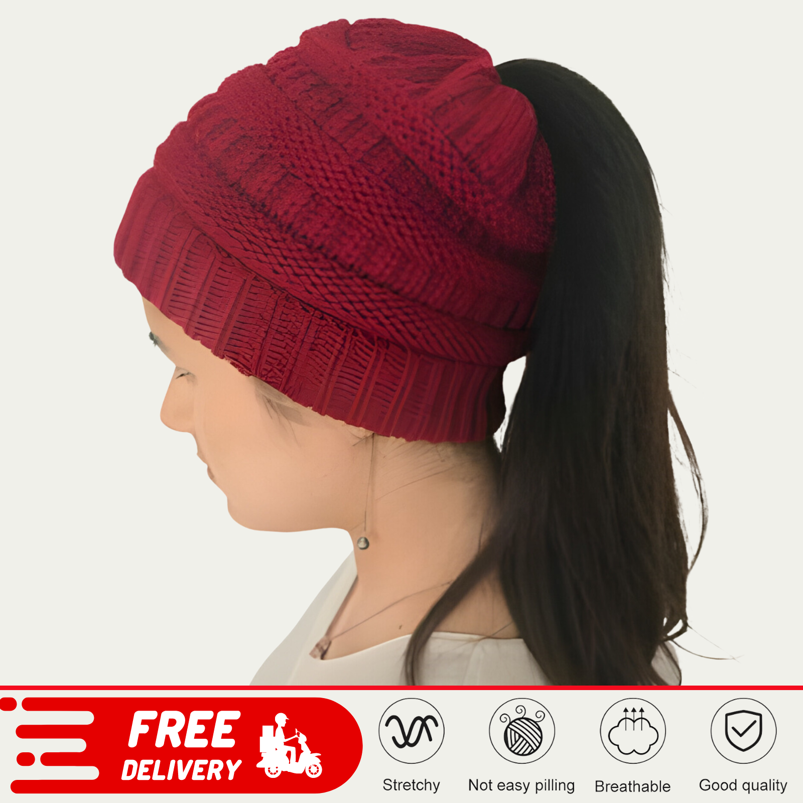 Womens Girls Hats Winter Knitted Pony Tail Beanie Cap Stretch Comfy Hair Ponytail Hat Warm Knit Headwear Headband Caps winter beanie with ponytail hole Knitted Wool