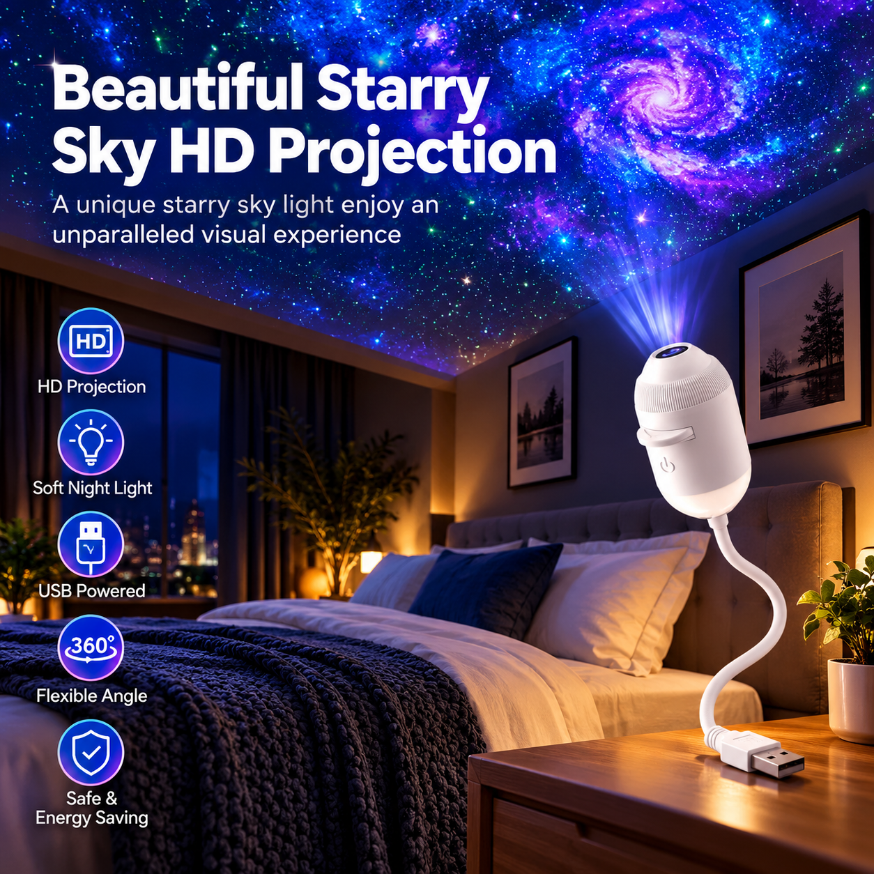USB Galaxy Projector Night Light with 24 Projection Films, 360° Flexible Neck Starry Sky Ceiling Projector, LED Mood Lamp for Bedroom
