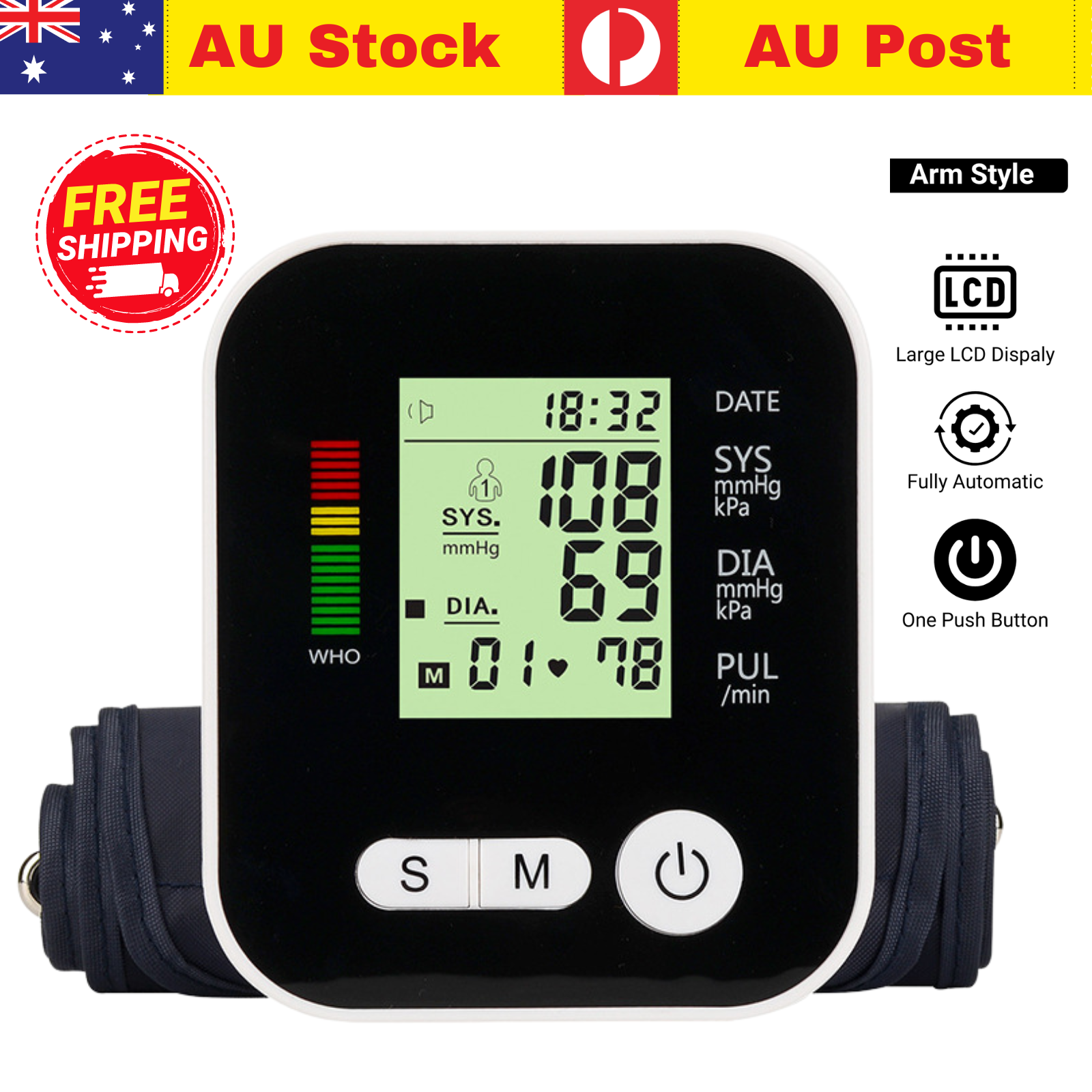 Digital Upper Arm Blood Pressure Meter Automatic Heart Rate BP Monitor Machine With Voice - Black