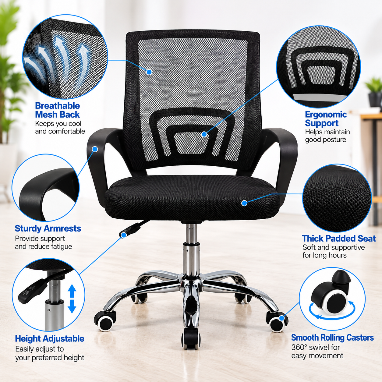 Ergonomic Mesh Office Chair Adjustable Height Computer Desk Chair with Cushioned Seat and Armrests Black Blue