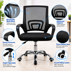 Ergonomic Mesh Office Chair Adjustable Height Computer Desk Chair with Cushioned Seat and Armrests Black Blue