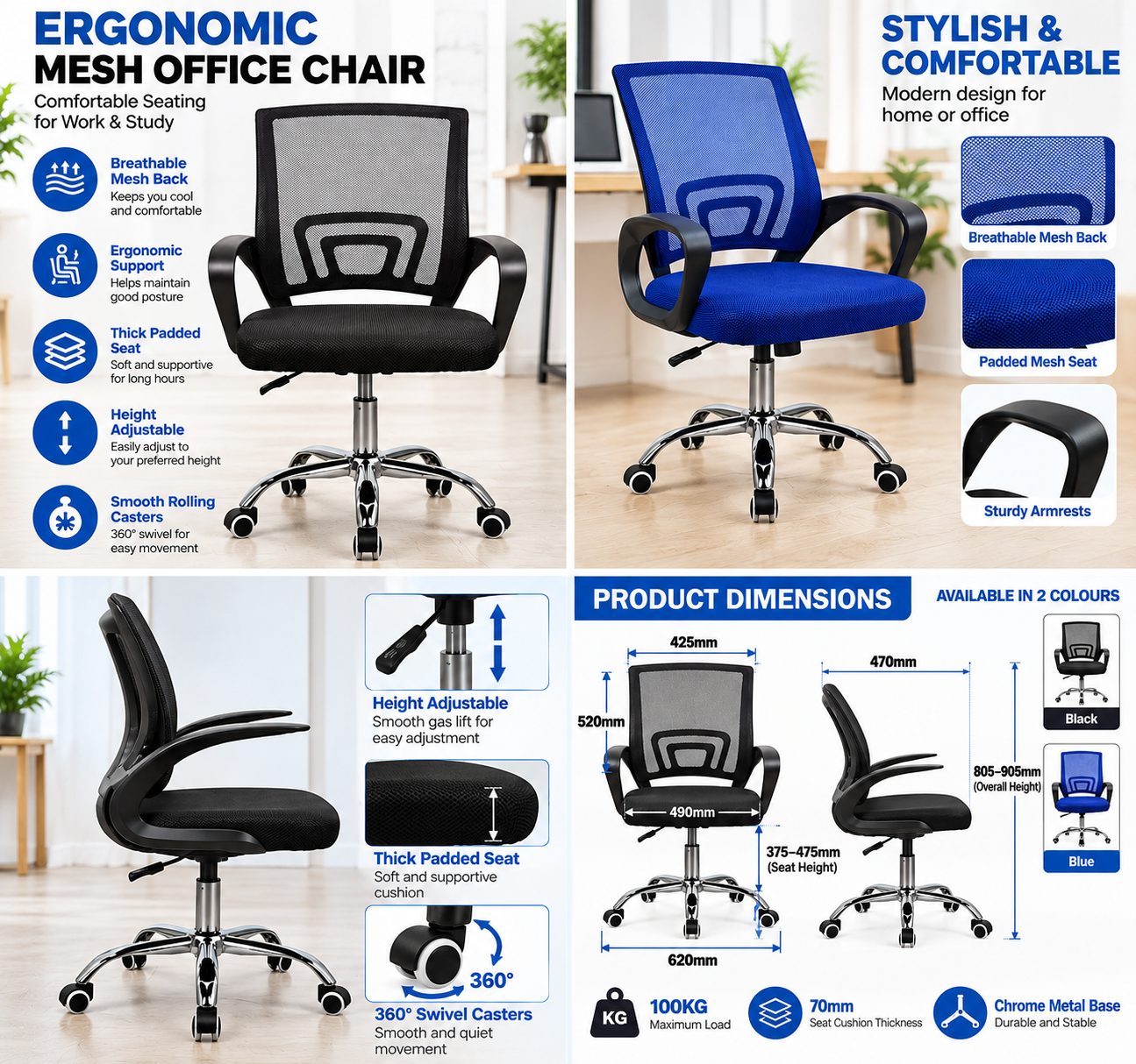 Ergonomic Mesh Office Chair Adjustable Height Computer Desk Chair with Cushioned Seat and Armrests Black Blue
