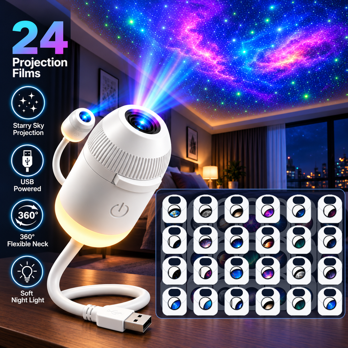 USB Galaxy Projector Night Light with 24 Projection Films, 360° Flexible Neck Starry Sky Ceiling Projector, LED Mood Lamp for Bedroom