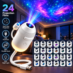 USB Galaxy Projector Night Light with 24 Projection Films, 360° Flexible Neck Starry Sky Ceiling Projector, LED Mood Lamp for Bedroom