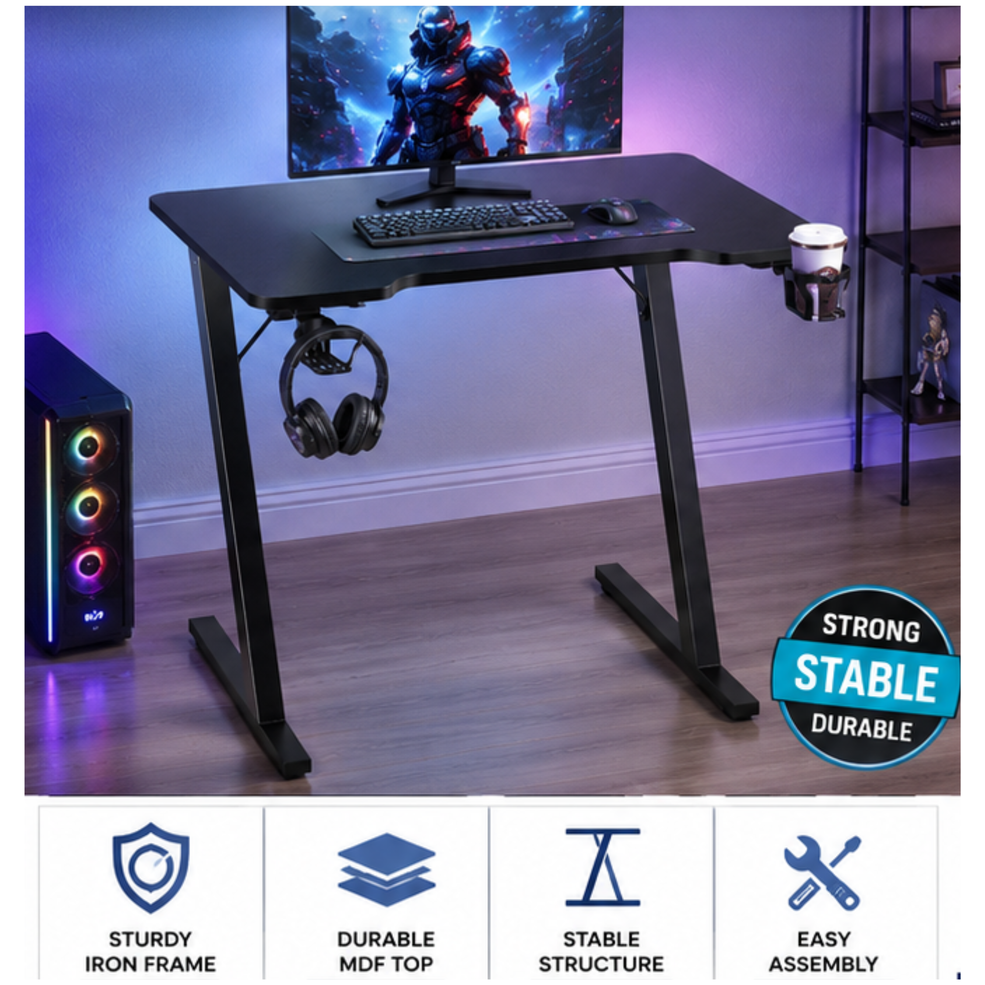80cm Gaming Desk | Computer Table with Cup Holder & Headphone Hook