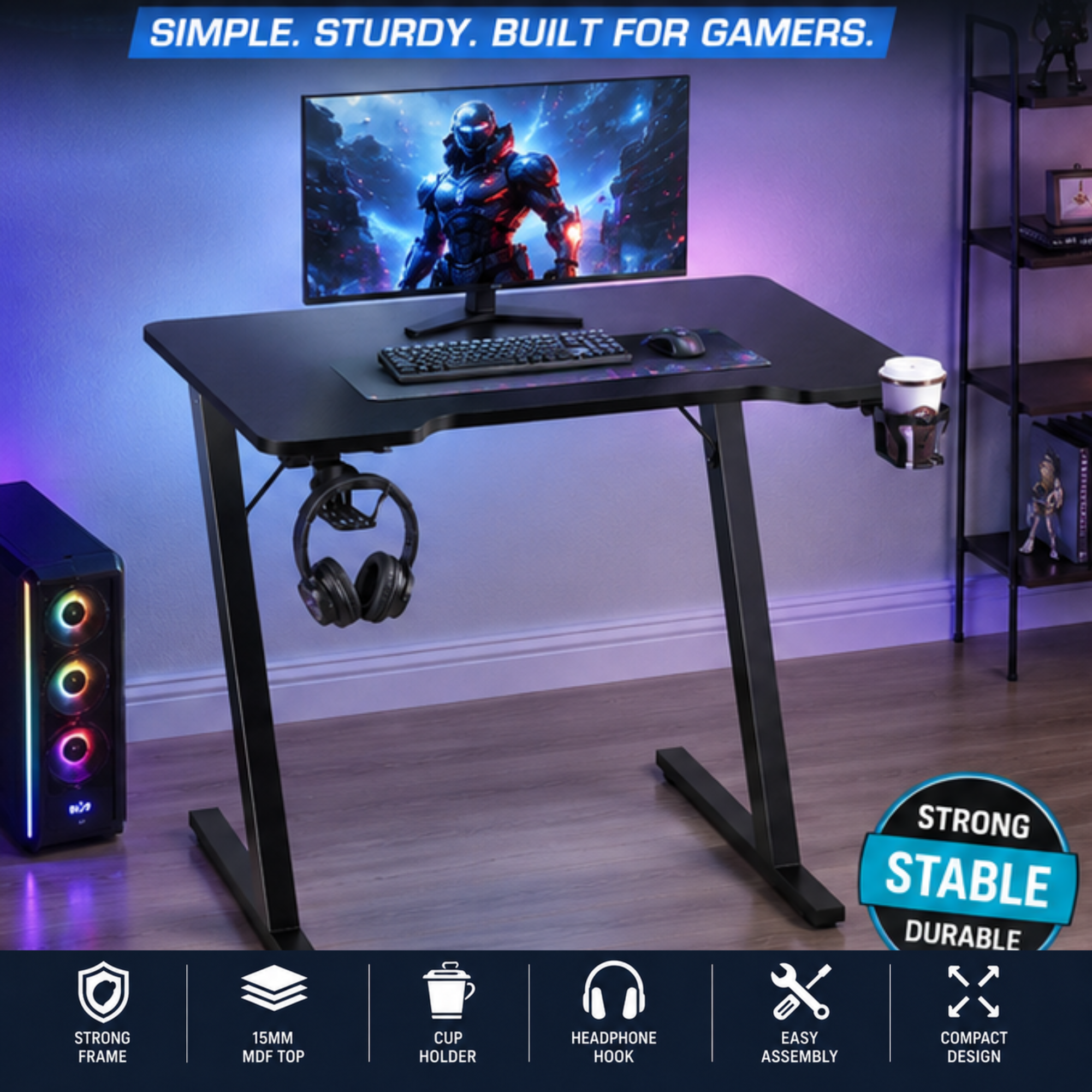 80cm Gaming Desk | Computer Table with Cup Holder & Headphone Hook