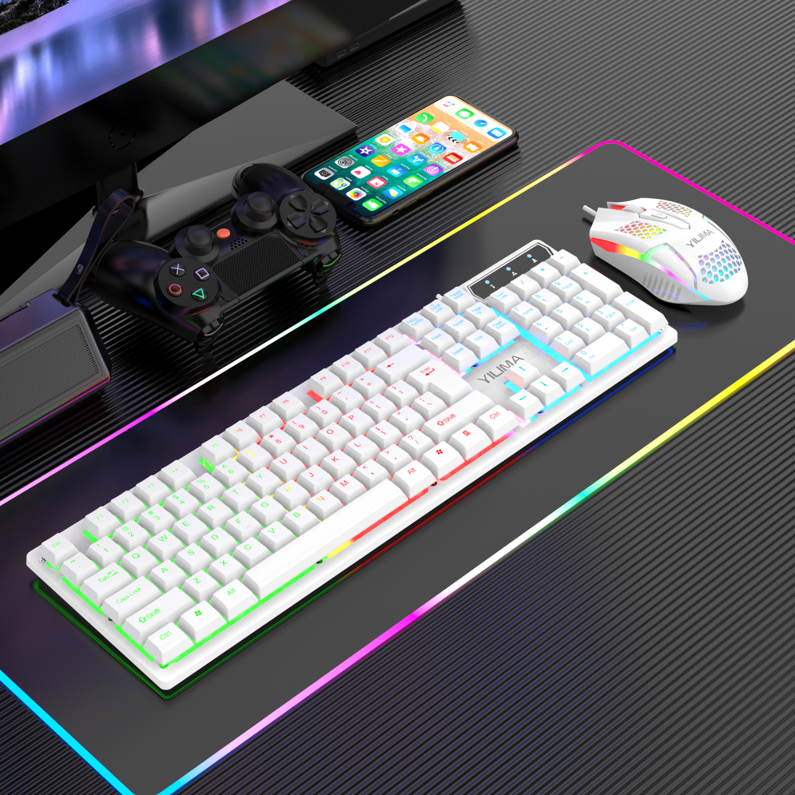 Gaming Keyboard Mouse Mousepad Combo Rainbow with 7-Color LED Backlighting For Laptop, PC, MacBook, iMac