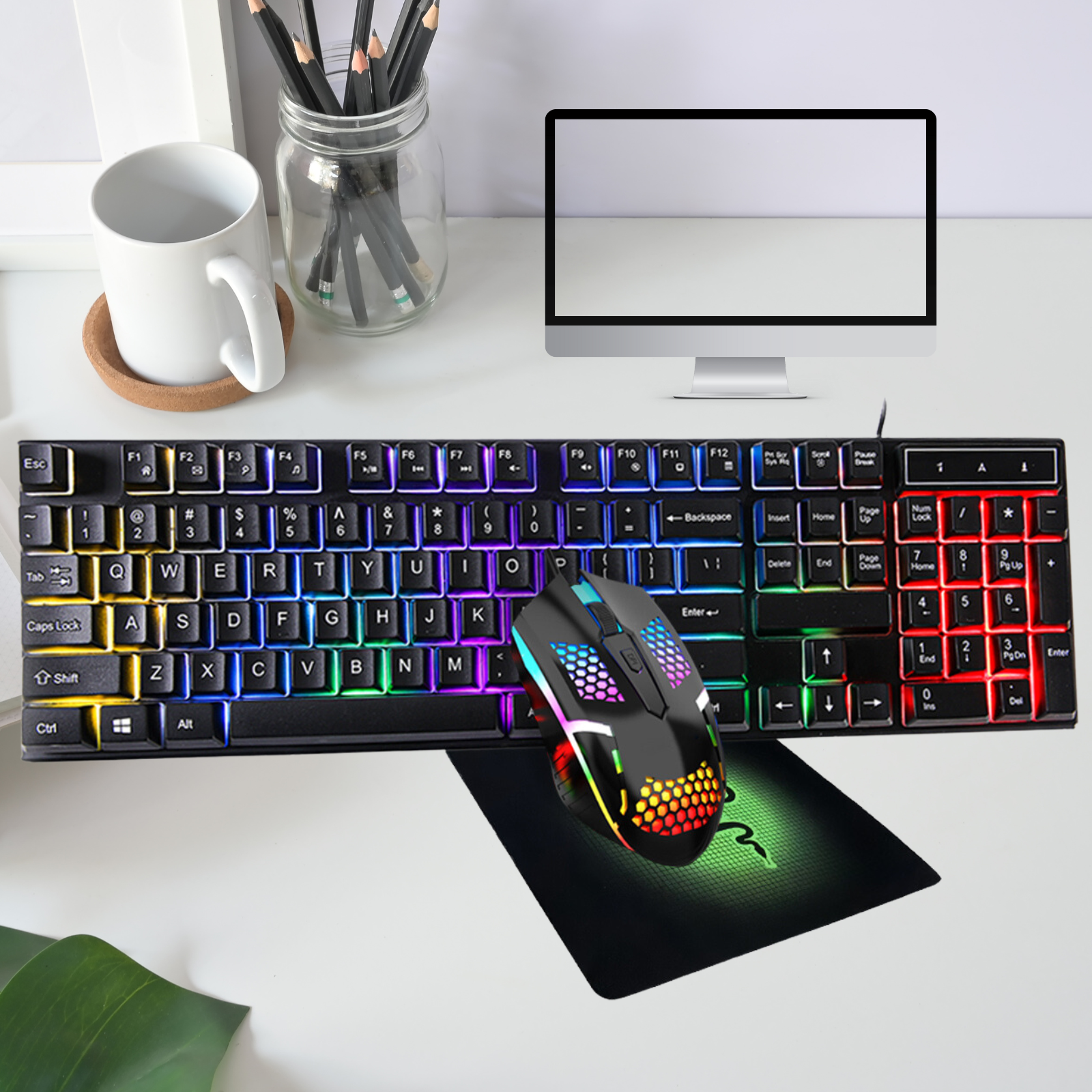 Gaming Keyboard Mouse Mousepad Combo Rainbow with 7-Color LED Backlighting For Laptop, PC, MacBook, iMac