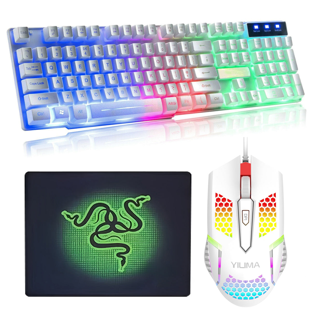 Gaming Keyboard & Mouse Combo – Rainbow 7 LED Backlighting, Mousepad for PS4, Laptop, PC, MacBook, iMac