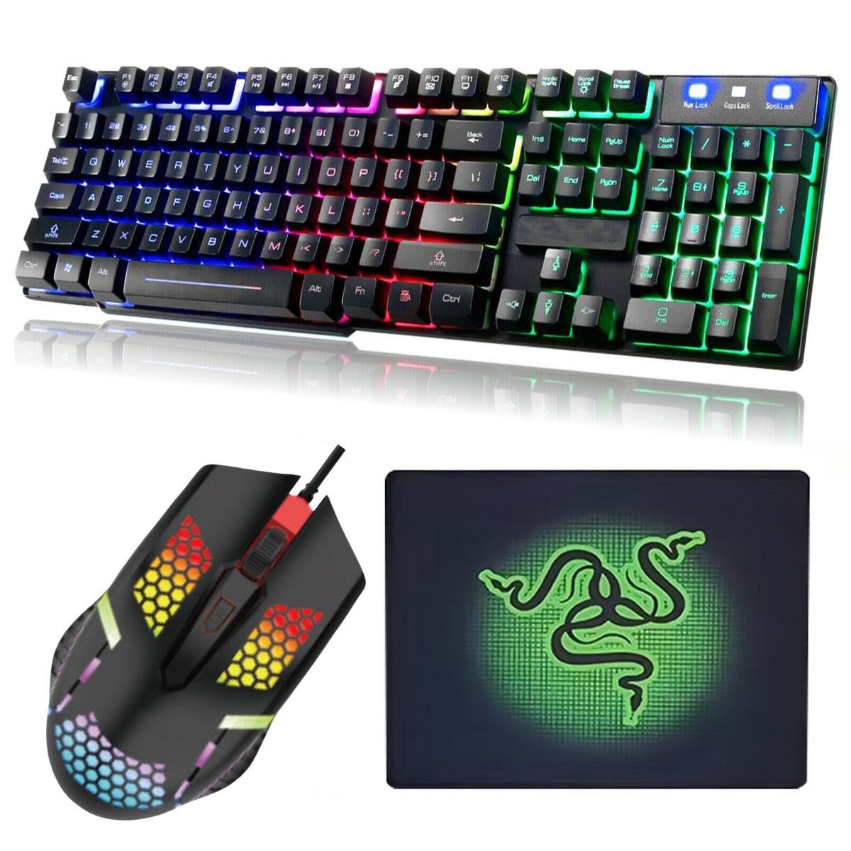 Gaming Keyboard & Mouse Combo – Rainbow 7 LED Backlighting, Mousepad for PS4, Laptop, PC, MacBook, iMac
