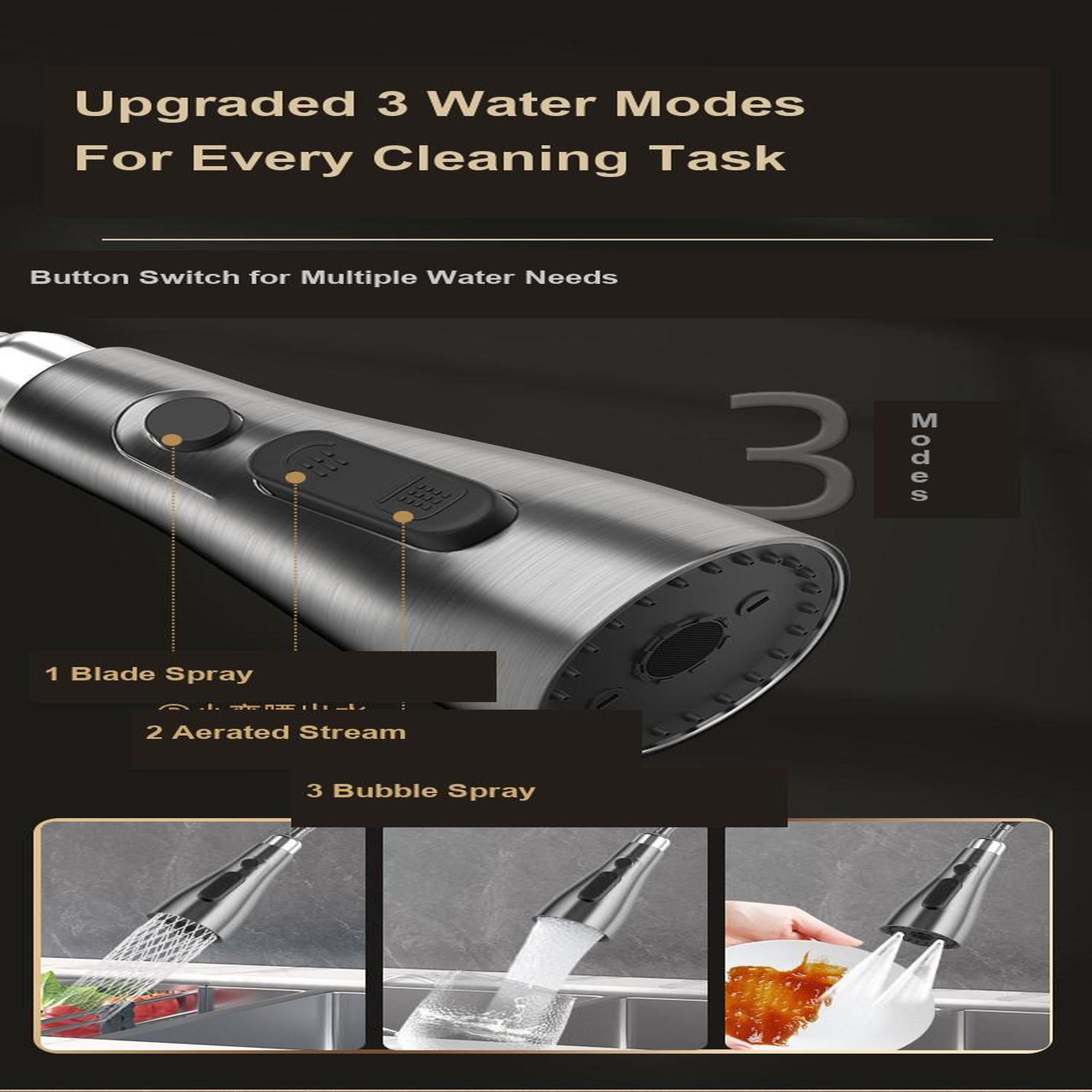 Pull Out Kitchen Mixer Tap 3 Spray Modes 304 Stainless Steel Sink Faucet – Black, Silver, Gold