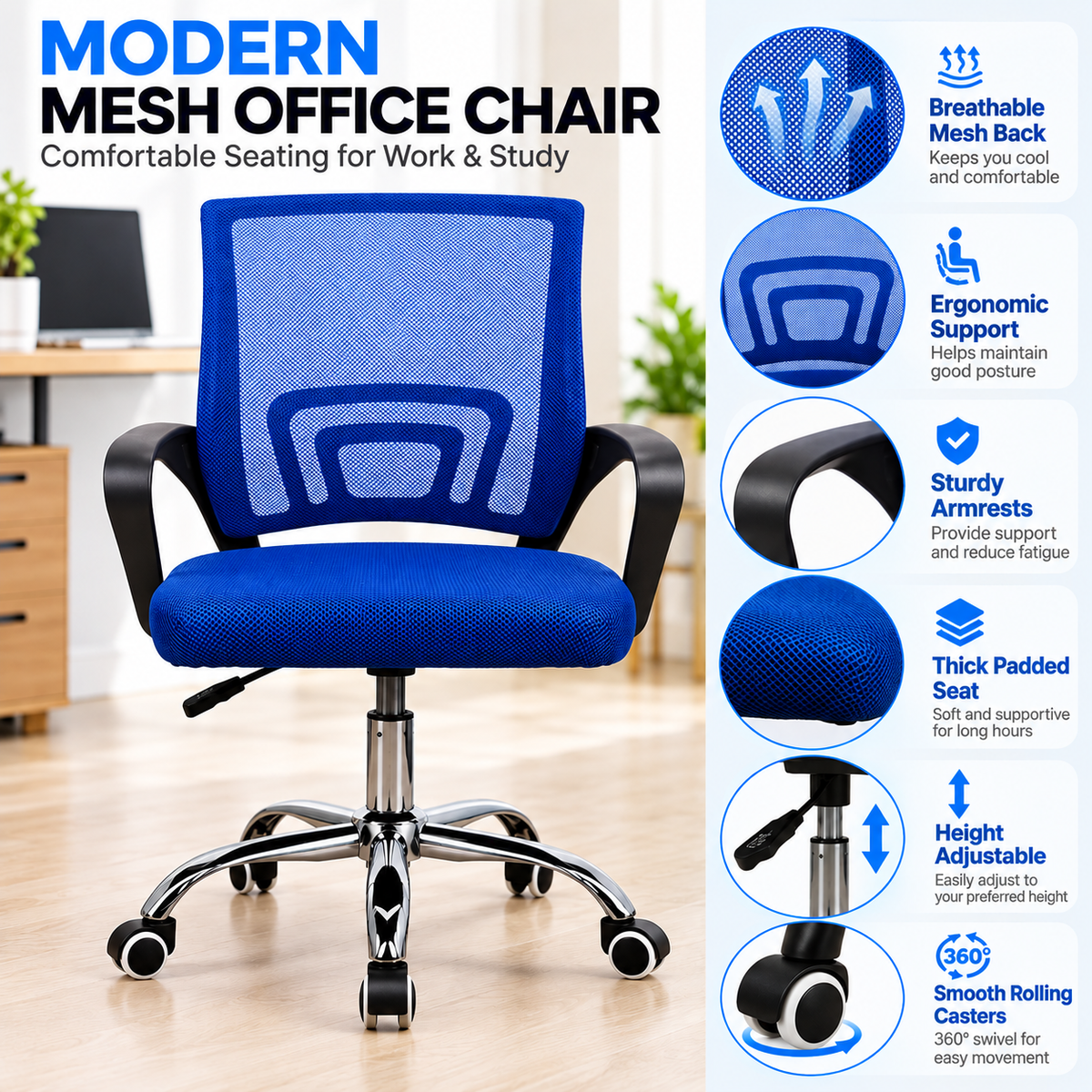 Ergonomic Mesh Office Chair Adjustable Height Computer Desk Chair with Cushioned Seat and Armrests Black Blue