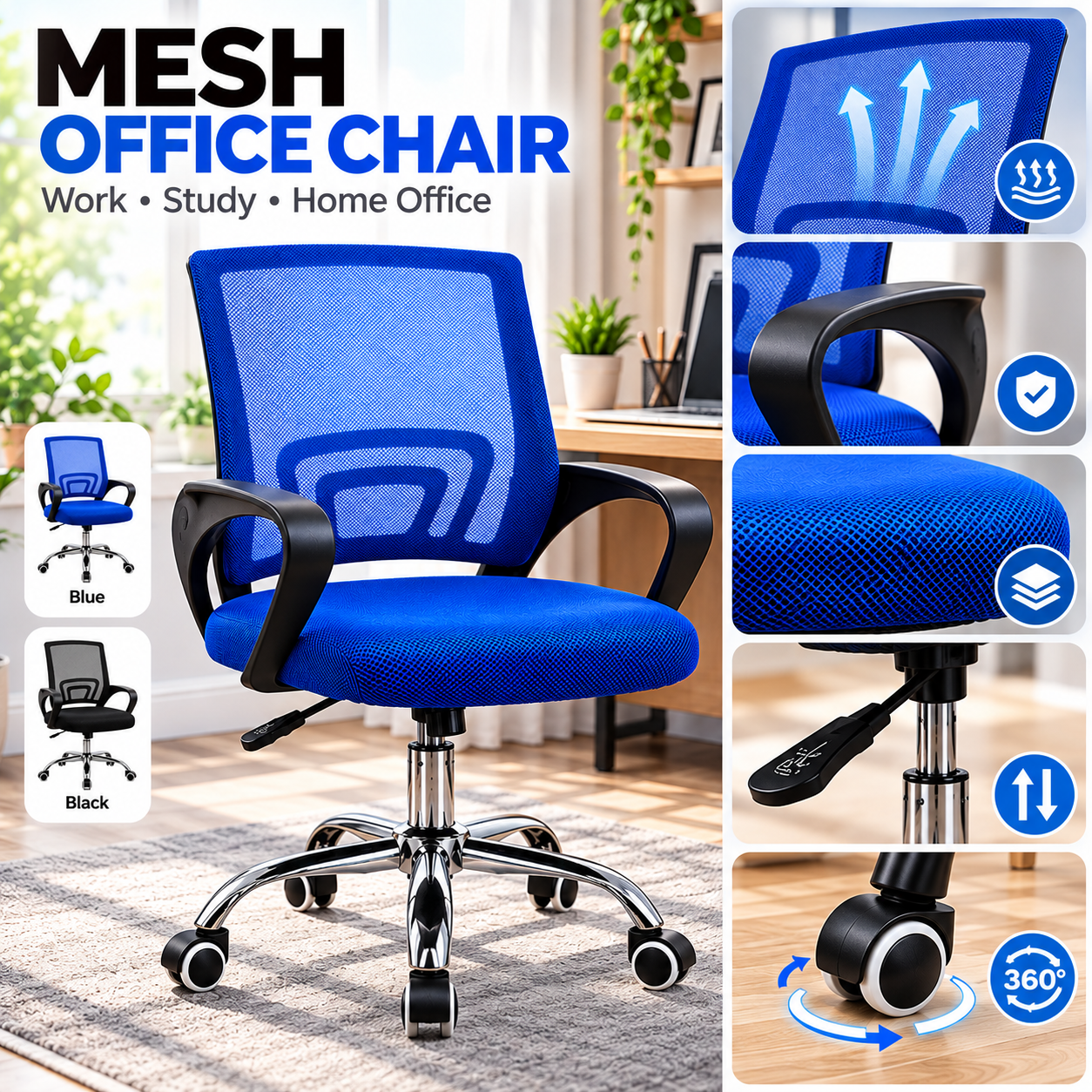 Ergonomic Mesh Office Chair Adjustable Height Computer Desk Chair with Cushioned Seat and Armrests Black Blue