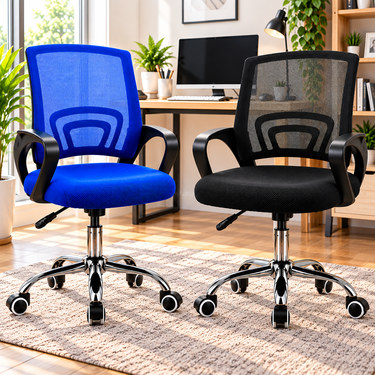 Ergonomic Mesh Office Chair Adjustable Height Computer Desk Chair with Cushioned Seat and Armrests Black Blue