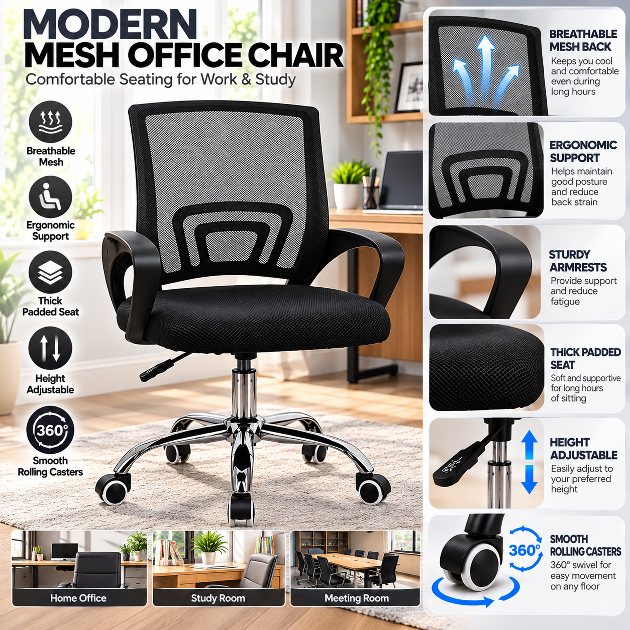 Ergonomic Mesh Office Chair Adjustable Height Computer Desk Chair with Cushioned Seat and Armrests Black Blue