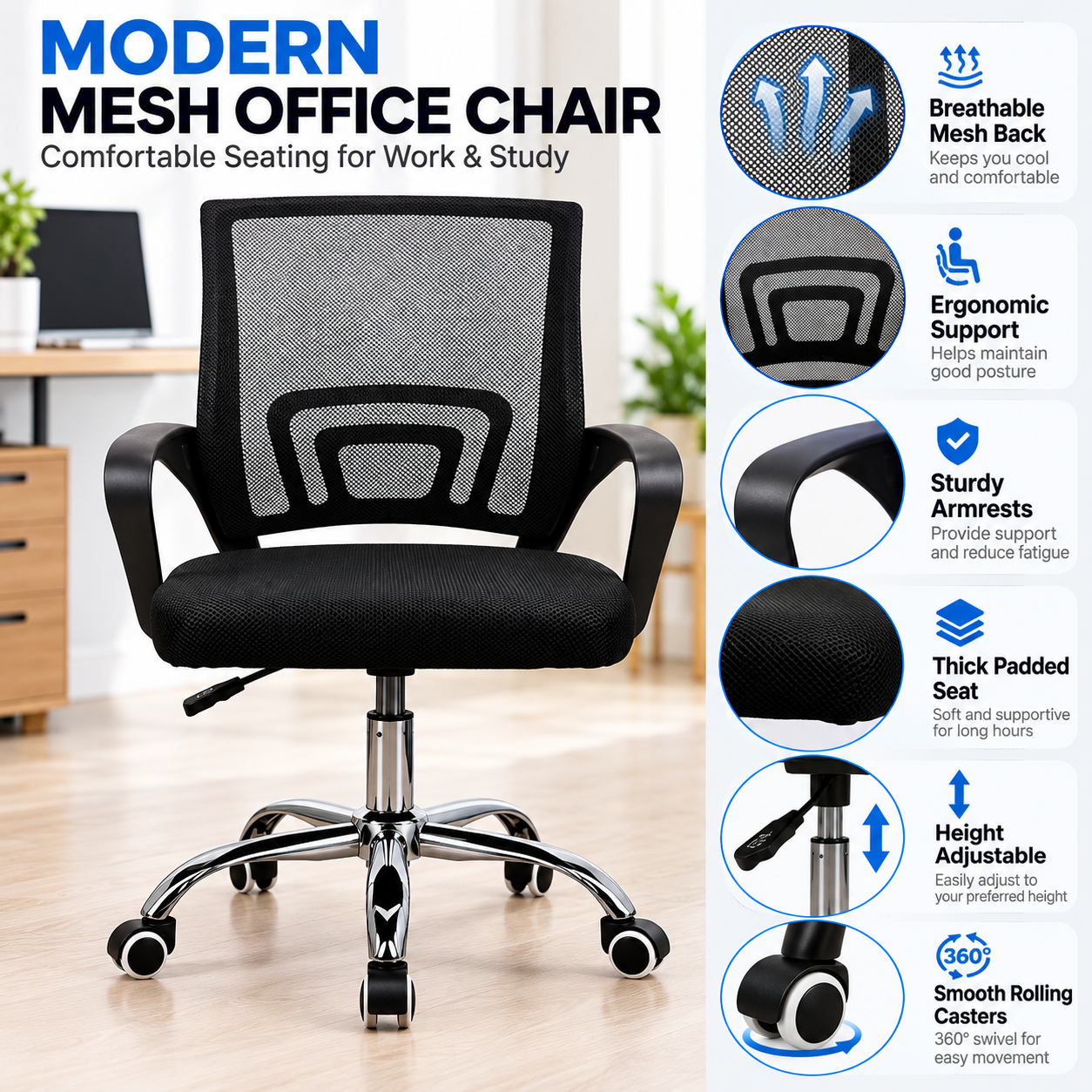 Ergonomic Mesh Office Chair Adjustable Height Computer Desk Chair with Cushioned Seat and Armrests Black Blue