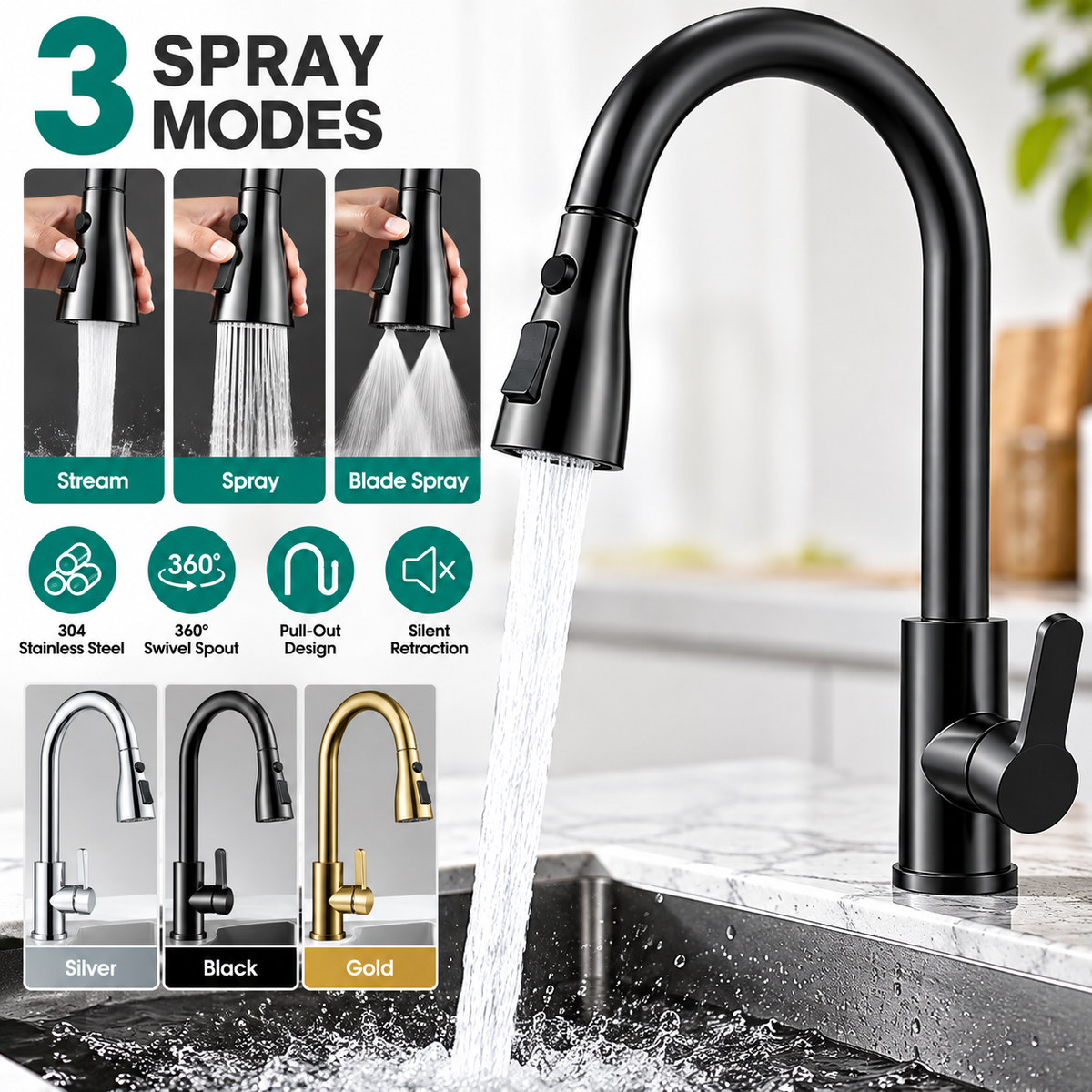 Pull Out Kitchen Mixer Tap 3 Spray Modes 304 Stainless Steel Sink Faucet – Black, Silver, Gold