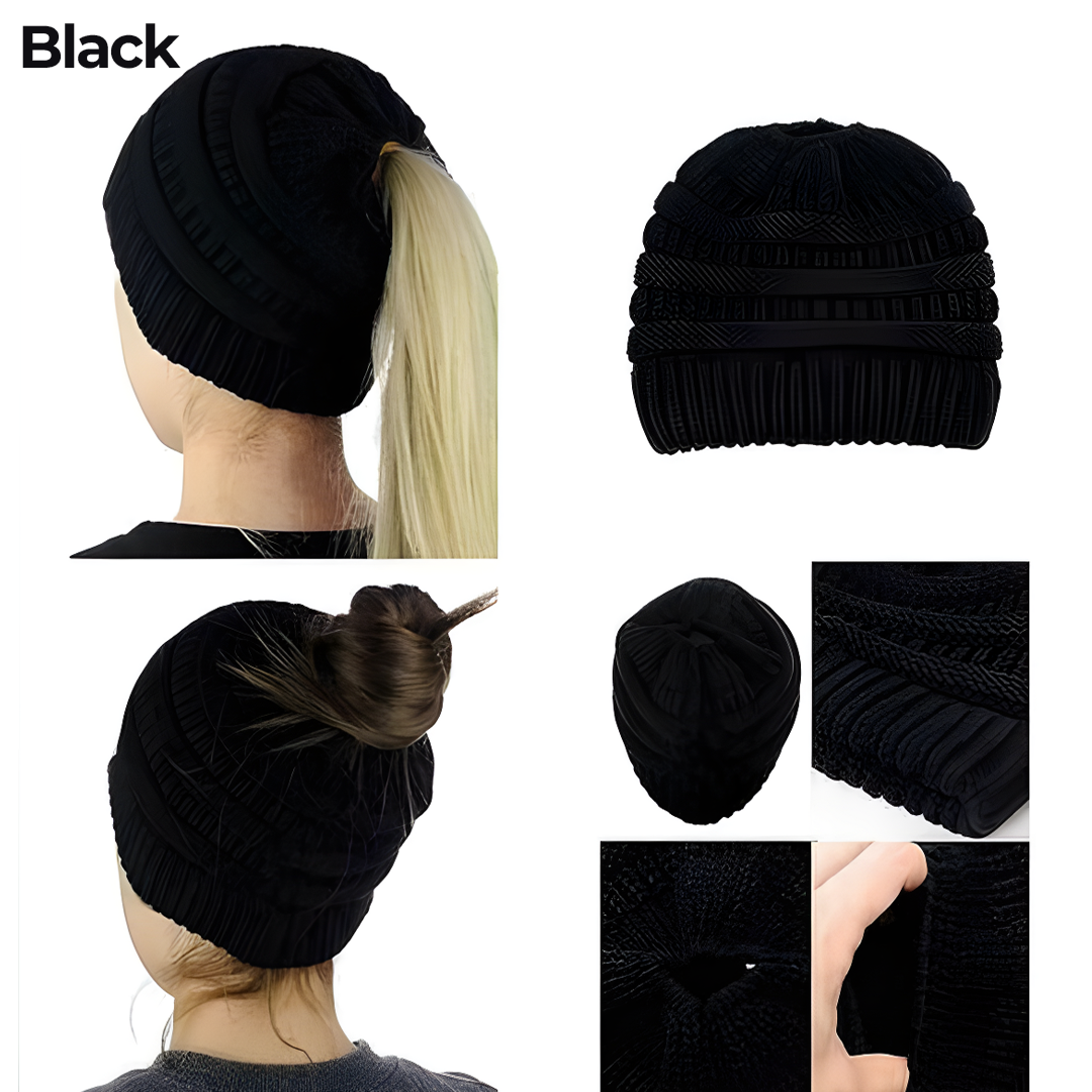 Womens Girls Hats Winter Knitted Pony Tail Beanie Cap Stretch Comfy Hair Ponytail Hat Warm Knit Headwear Headband Caps winter beanie with ponytail hole Knitted Wool