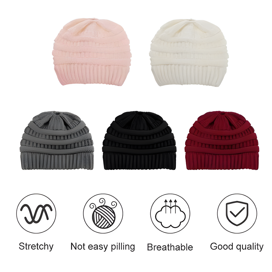 Womens Girls Hats Winter Knitted Pony Tail Beanie Cap Stretch Comfy Hair Ponytail Hat Warm Knit Headwear Headband Caps winter beanie with ponytail hole Knitted Wool