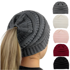 Womens Girls Hats Winter Knitted Pony Tail Beanie Cap Stretch Comfy Hair Ponytail Hat Warm Knit Headwear Headband Caps winter beanie with ponytail hole Knitted Wool