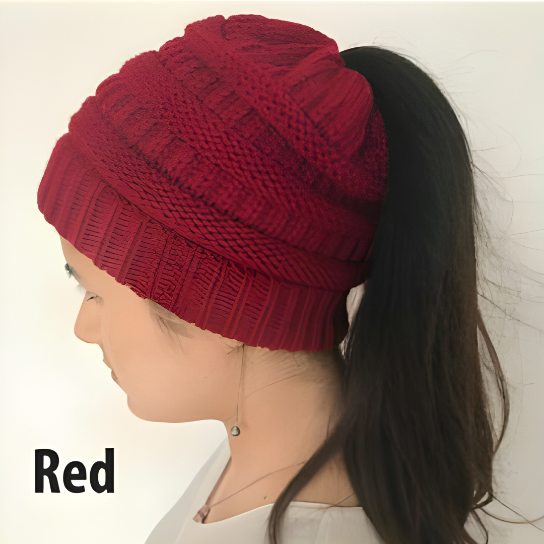 Womens Girls Hats Winter Knitted Pony Tail Beanie Cap Stretch Comfy Hair Ponytail Hat Warm Knit Headwear Headband Caps winter beanie with ponytail hole Knitted Wool