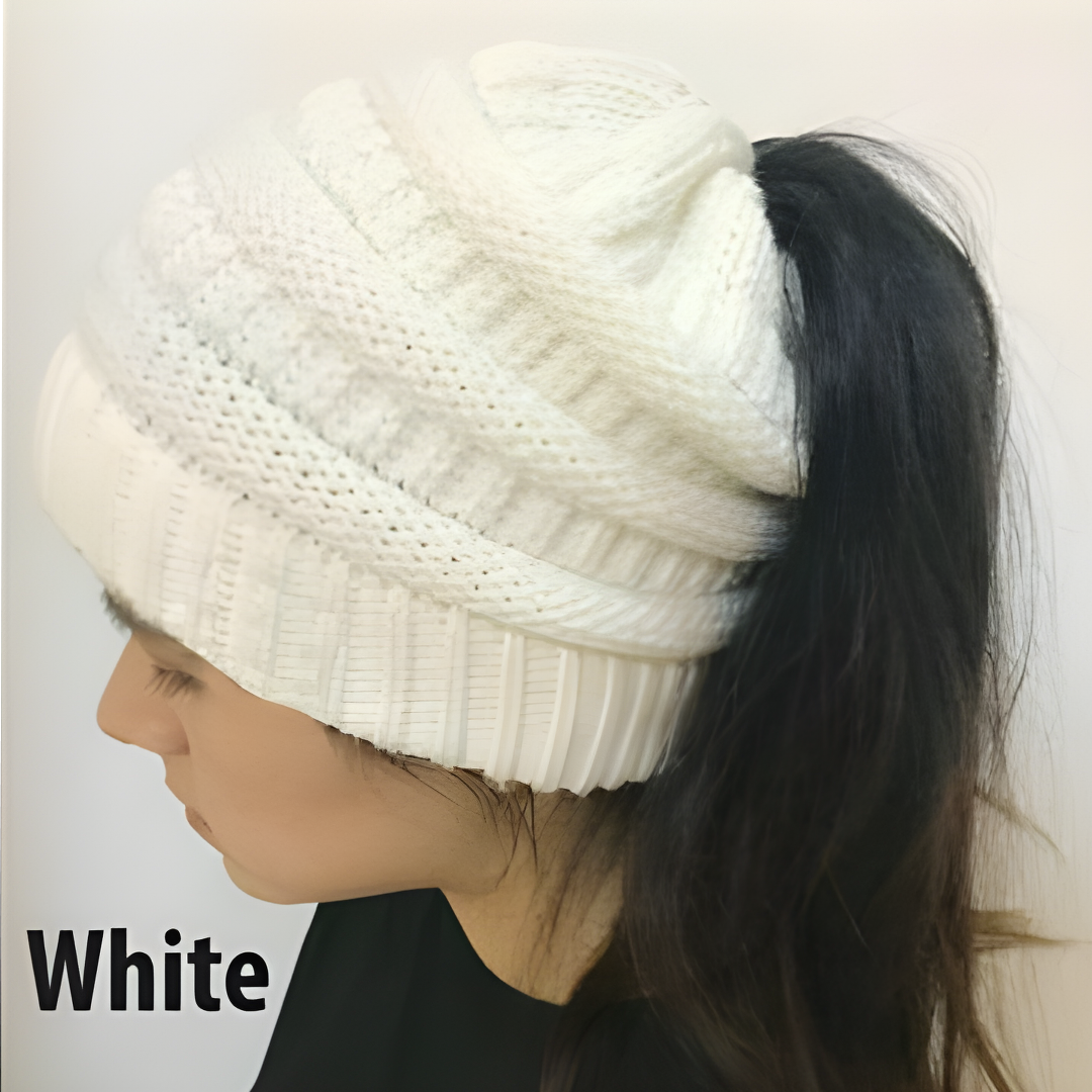 Womens Girls Hats Winter Knitted Pony Tail Beanie Cap Stretch Comfy Hair Ponytail Hat Warm Knit Headwear Headband Caps winter beanie with ponytail hole Knitted Wool