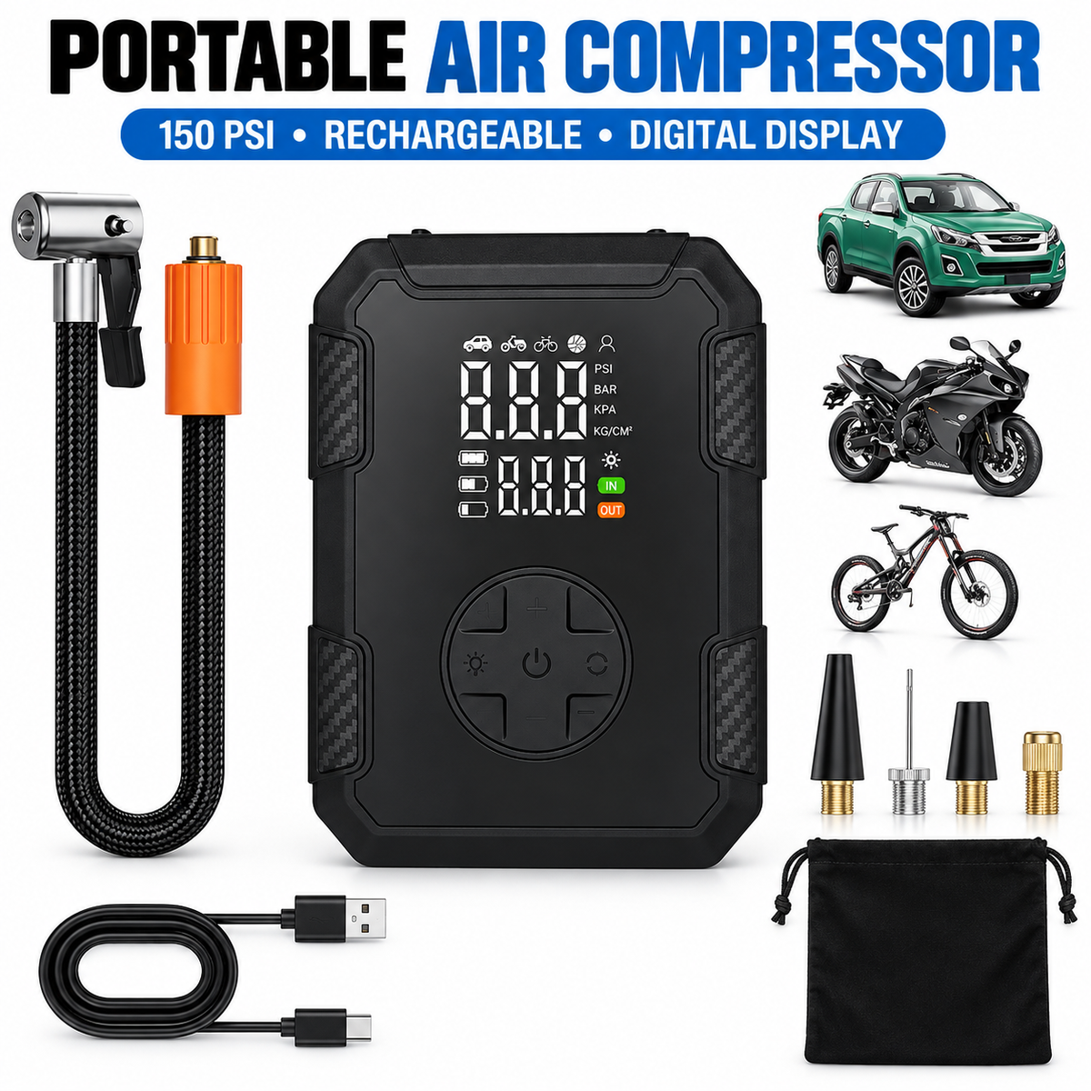Portable Cordless Tyre Inflator 150 PSI Rechargeable Air Compressor with Digital Display for Car Motorcycle Bicycle