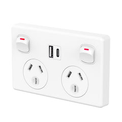 Double Power Point GPO Wall Outlet 10A with USB A & Type C Charging Power Point with Fast Charge USB Ports 5V 3.6Amp (White)