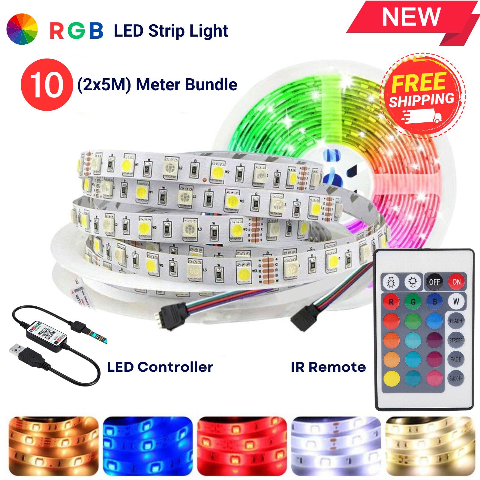 RGB LED Strip Lights IP65 5050 150 LEDs 5M-10M-20M-30M Roll 5V USB Bluetooth IR remote Controller 12V Max