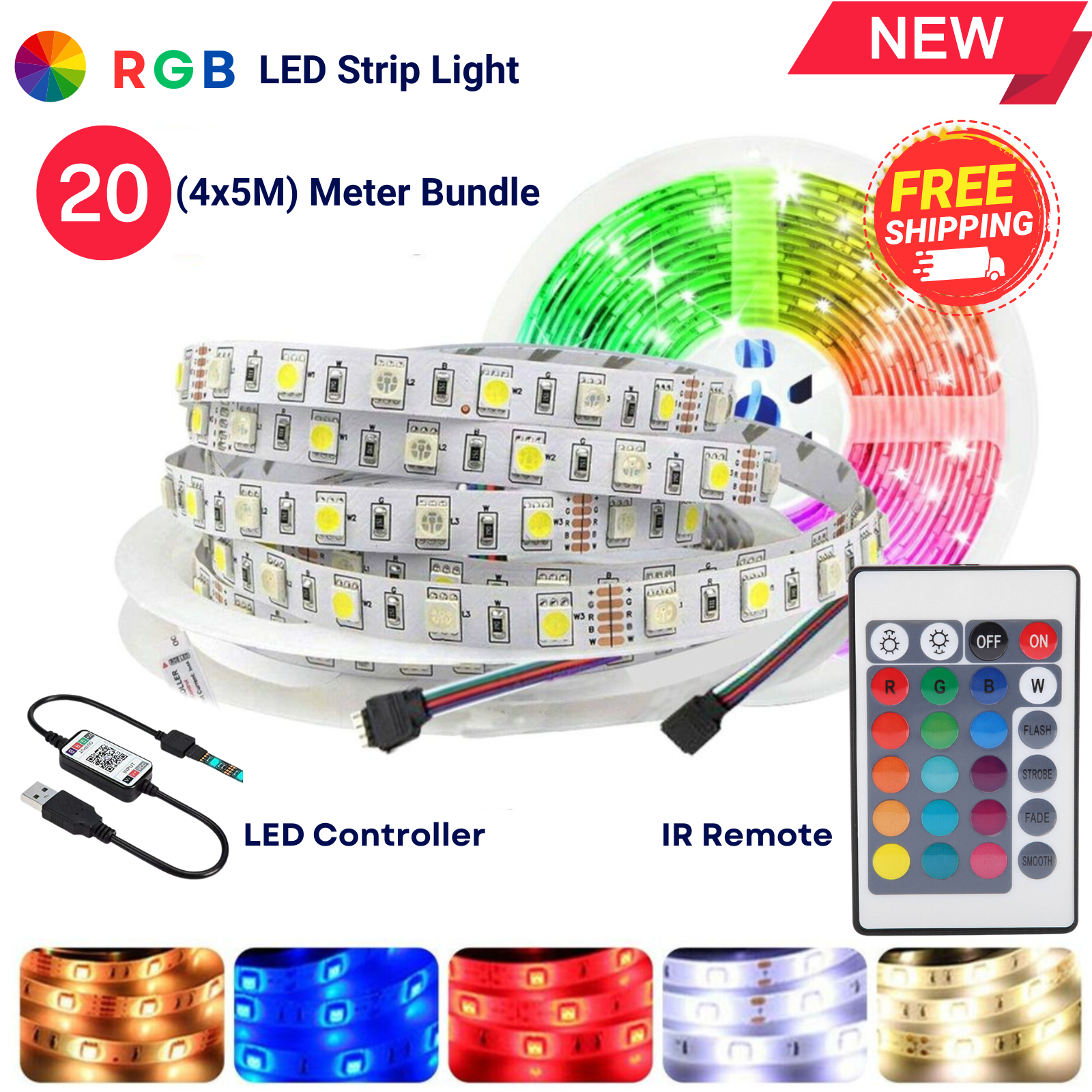 RGB LED Strip Lights IP65 5050 150 LEDs 5M-10M-20M-30M Roll 5V USB Bluetooth IR remote Controller 12V Max