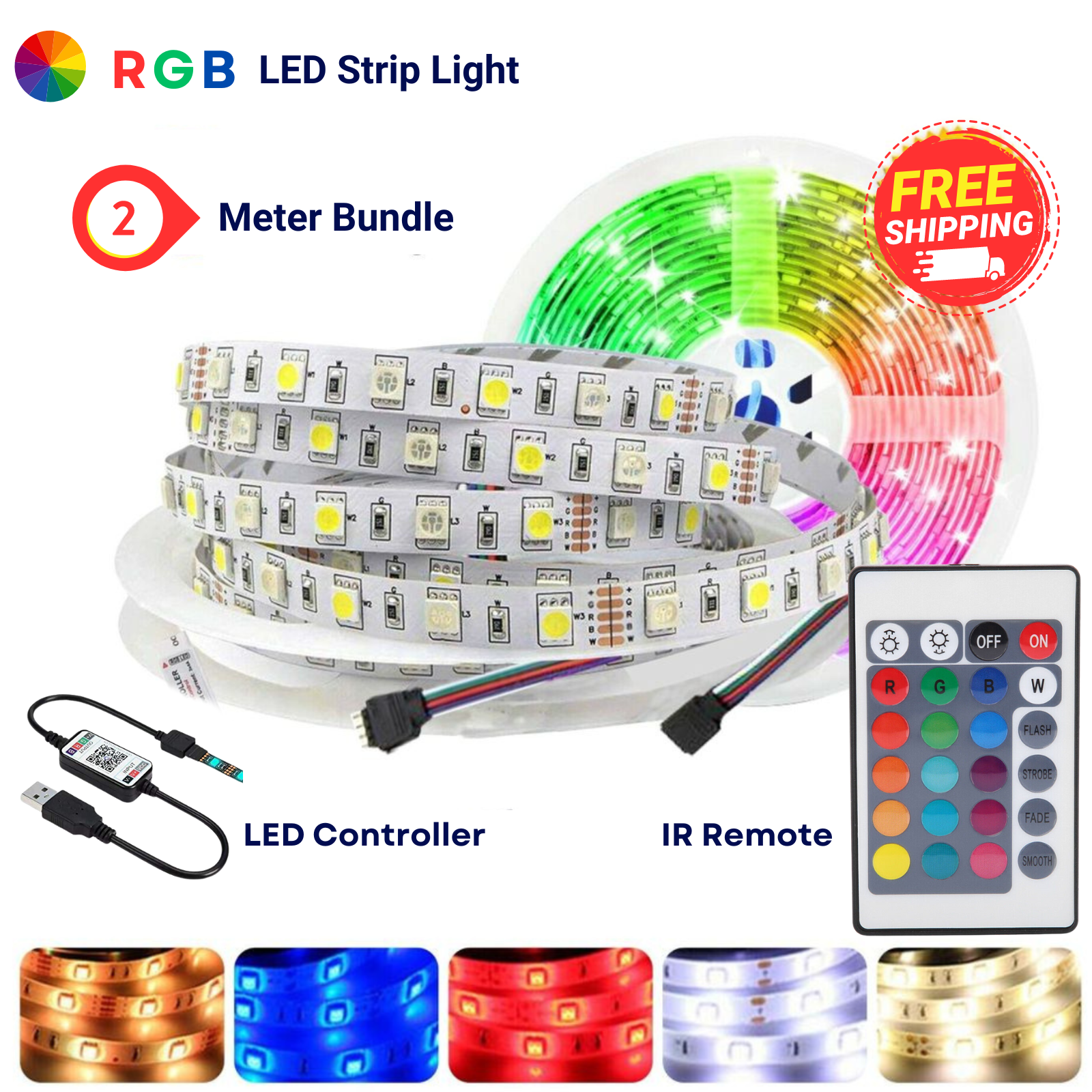 RGB LED Strip Lights IP65 5050 150 LEDs 5M-10M-20M-30M Roll 5V USB Bluetooth IR remote Controller 12V Max