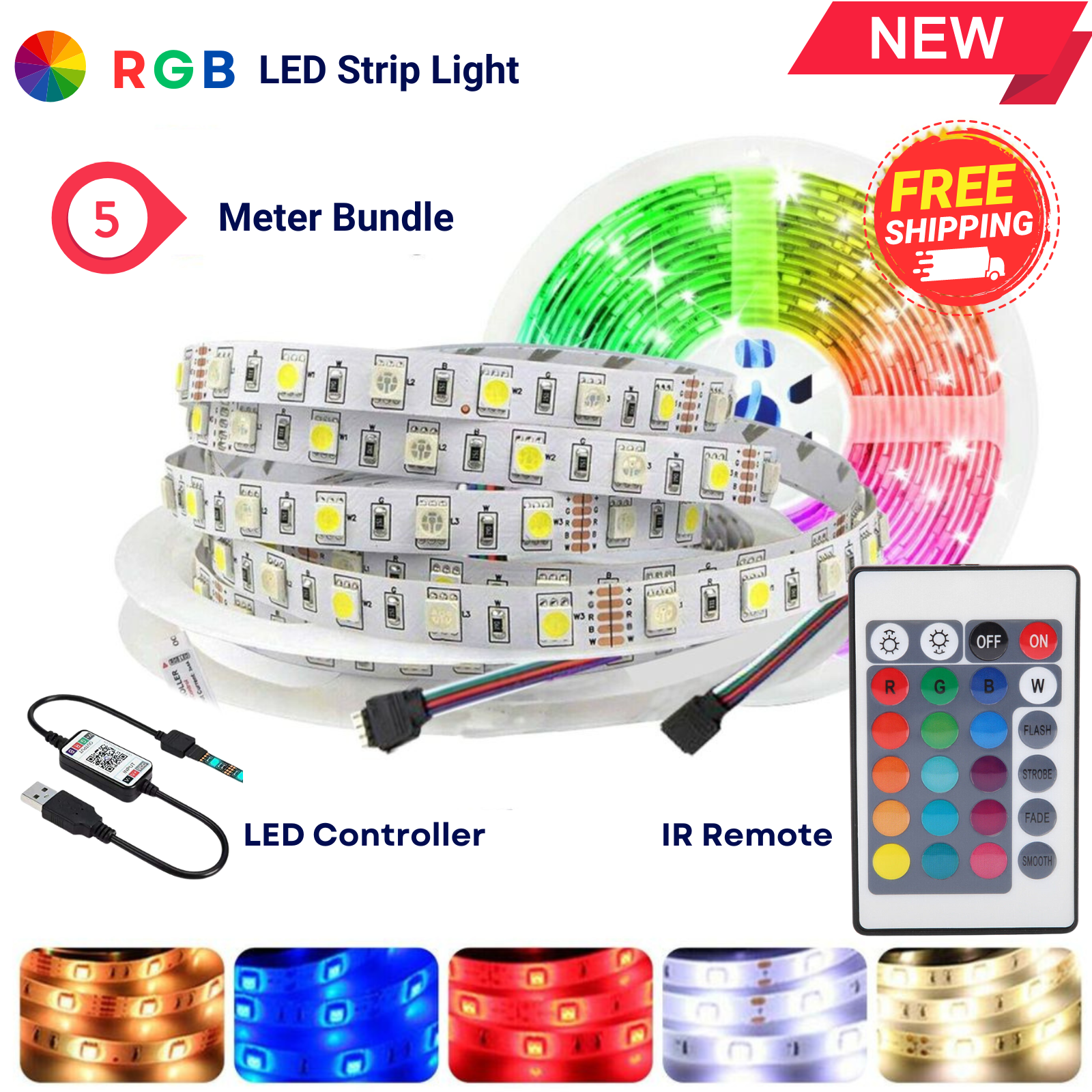 RGB LED Strip Lights IP65 5050 150 LEDs 5M-10M-20M-30M Roll 5V USB Bluetooth IR remote Controller 12V Max