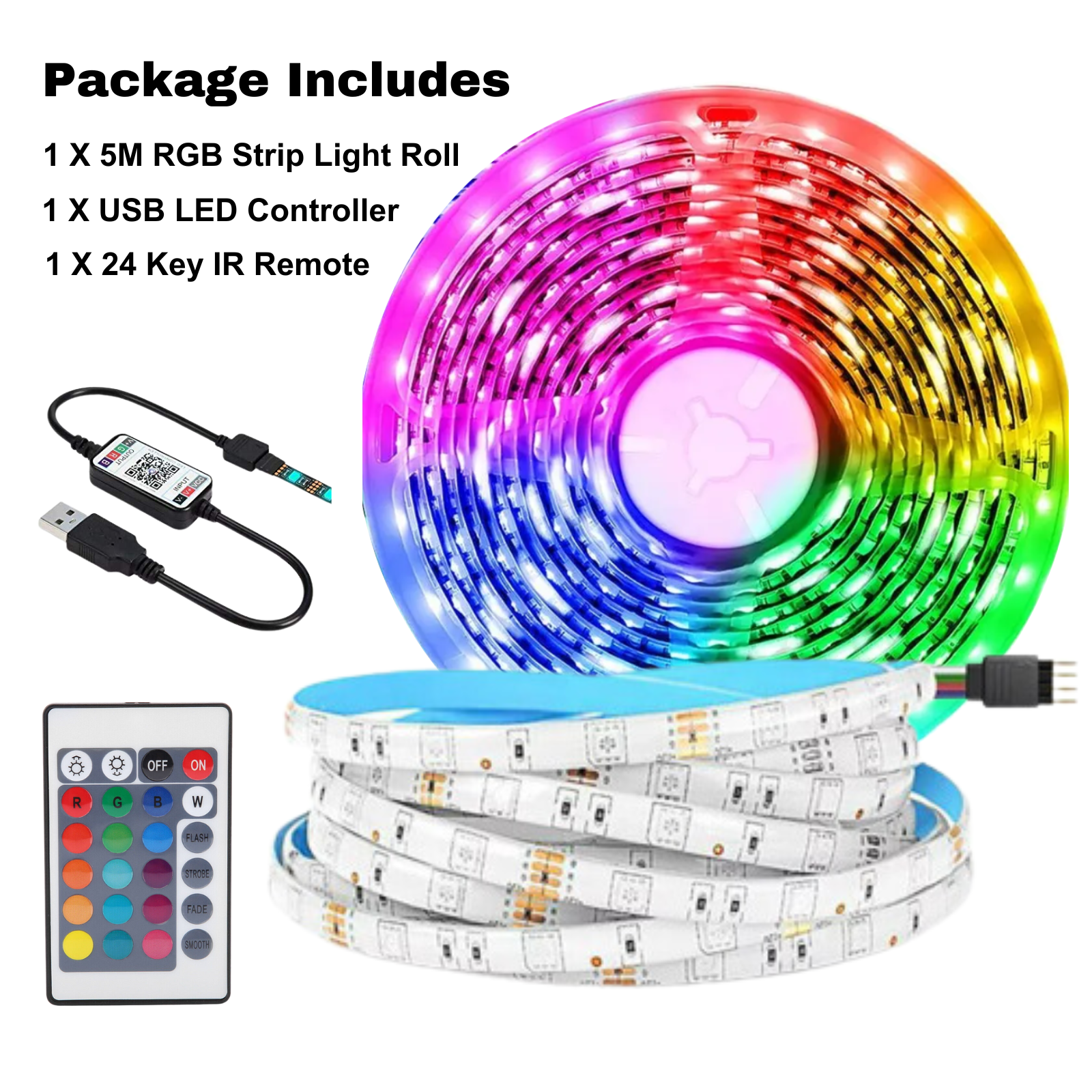 RGB LED Strip Lights IP65 5050 150 LEDs 5M-10M-20M-30M Roll 5V USB Bluetooth IR remote Controller 12V Max