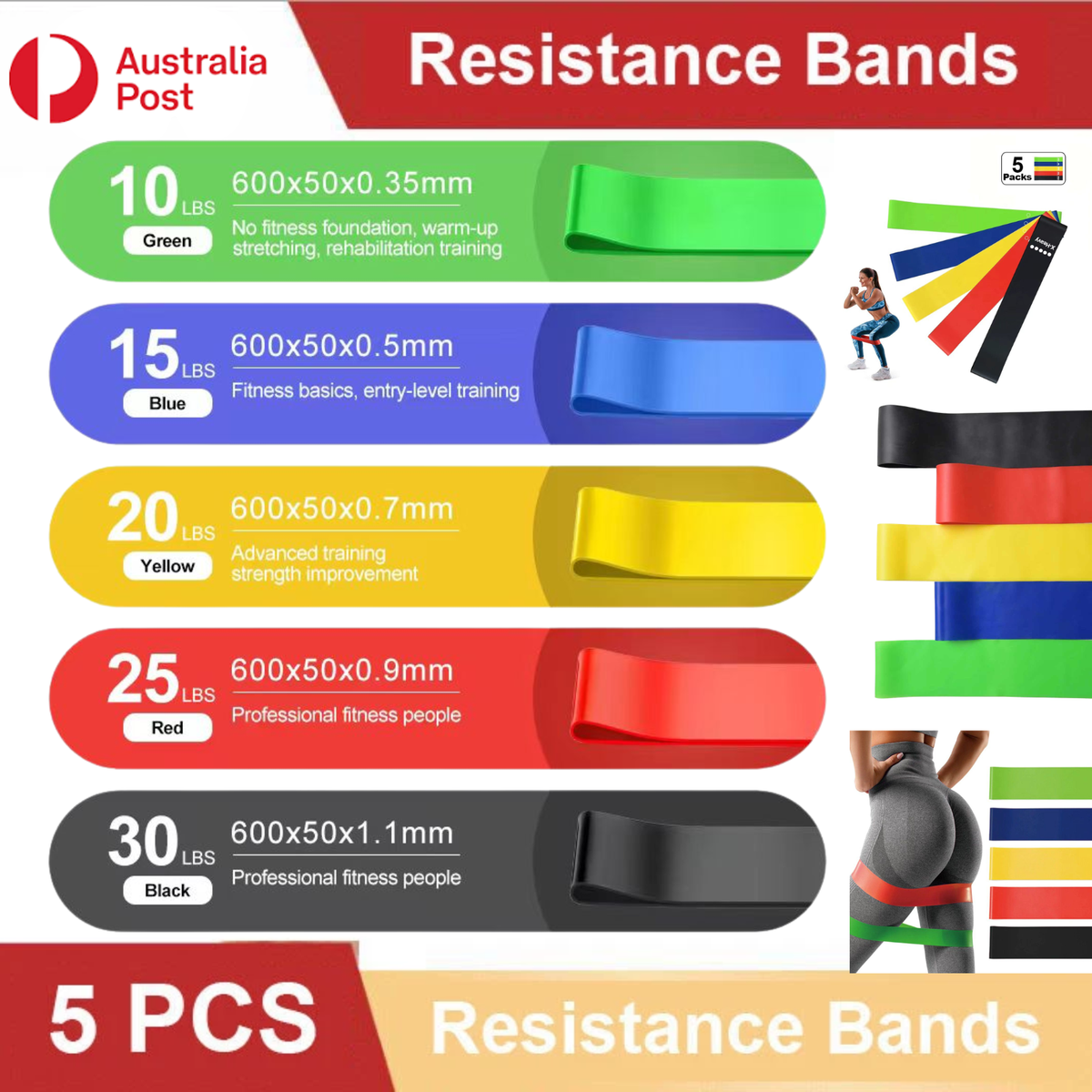 5PCS Resistance Bands Power Heavy Strength Exercise Fitness Gym Crossfit Yoga AU