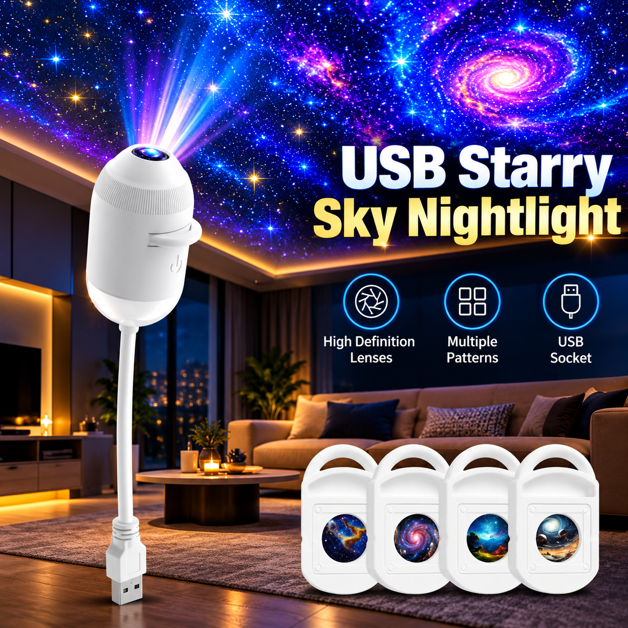 USB Galaxy Projector Night Light with 24 Projection Films, 360° Flexible Neck Starry Sky Ceiling Projector, LED Mood Lamp for Bedroom