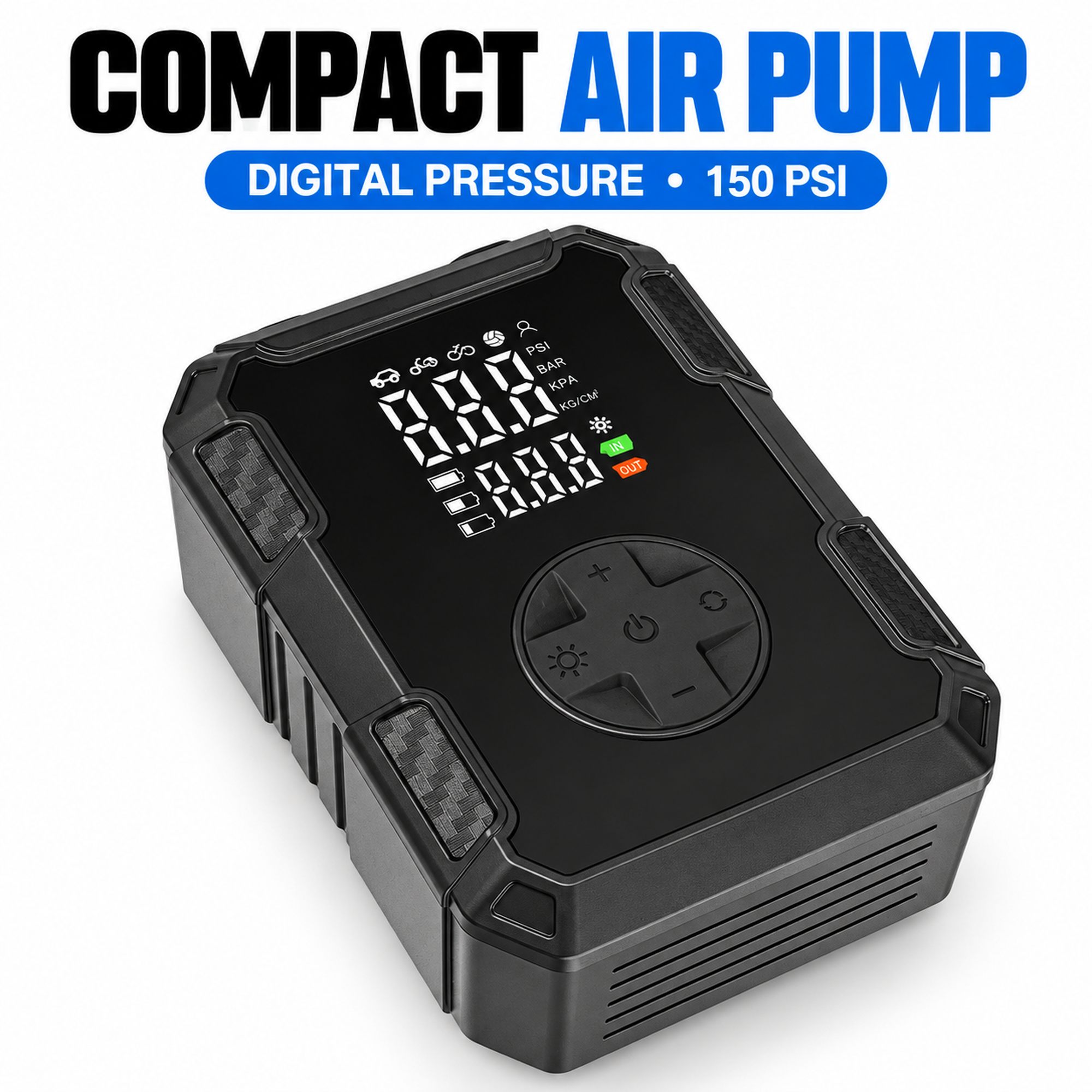 Portable Cordless Tyre Inflator 150 PSI Rechargeable Air Compressor with Digital Display for Car Motorcycle Bicycle
