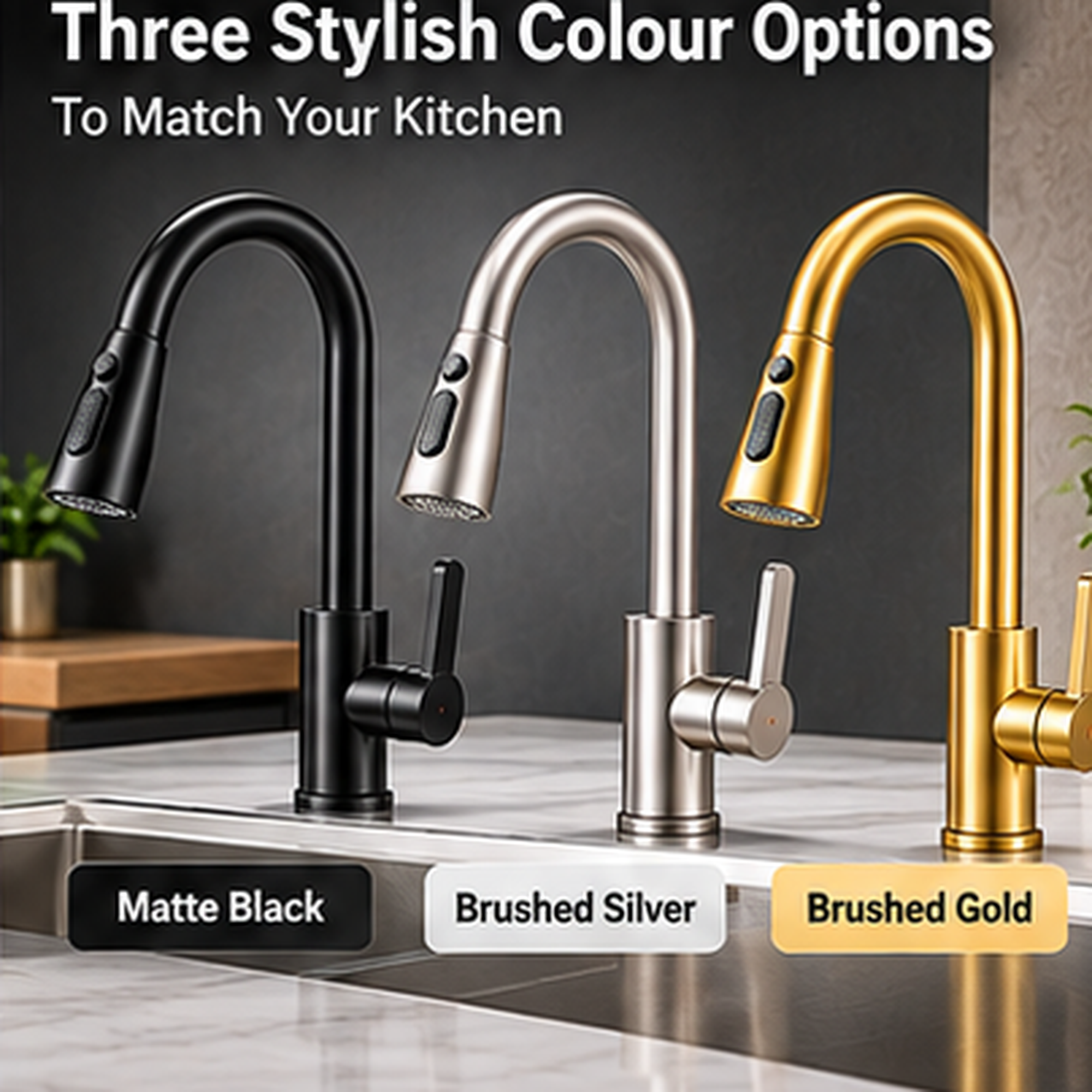 Pull Out Kitchen Mixer Tap 3 Spray Modes 304 Stainless Steel Sink Faucet – Black, Silver, Gold