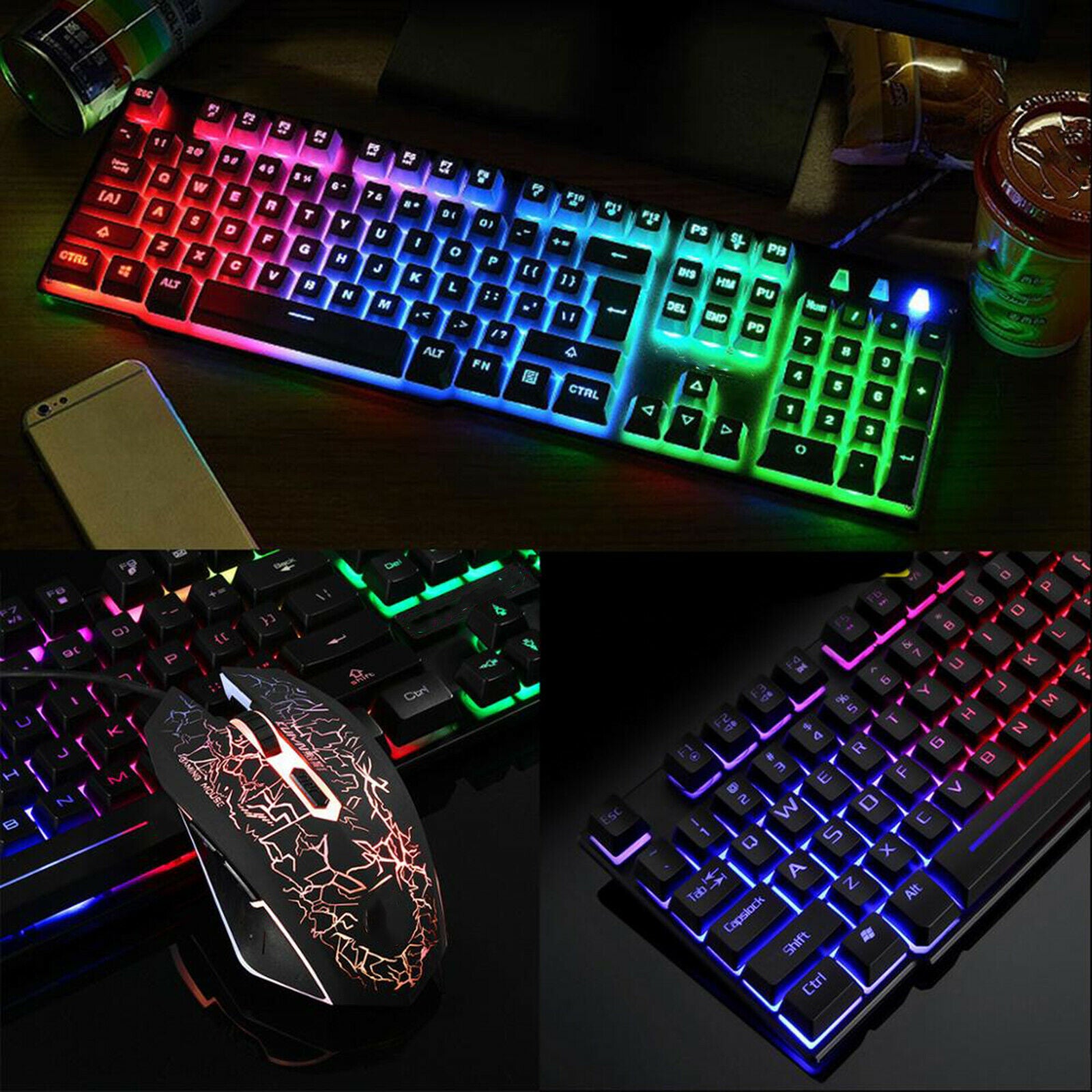 Gaming Keyboard & Mouse Combo – Rainbow 7 LED Backlighting, Mousepad for PS4, Laptop, PC, MacBook, iMac